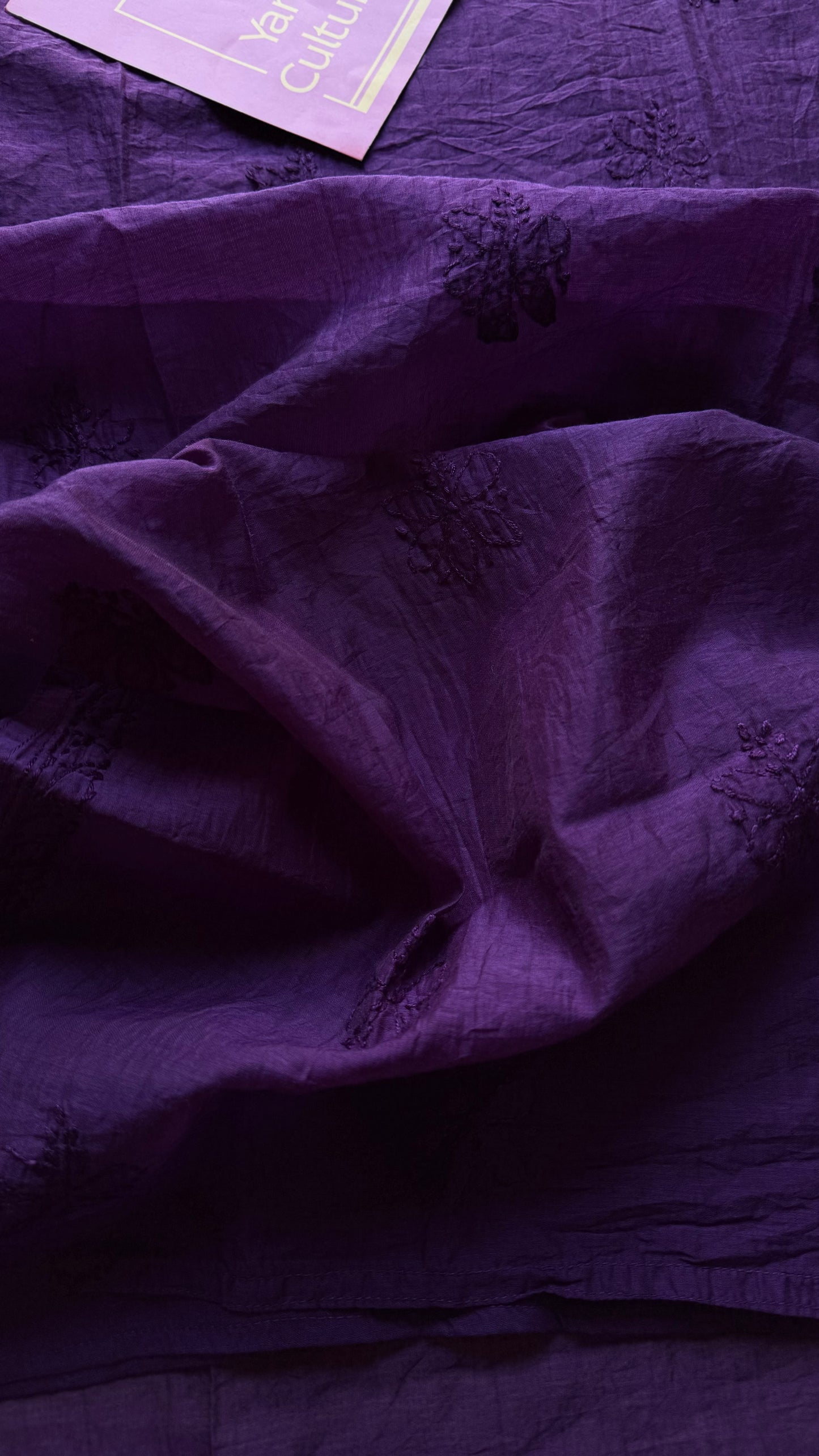 Purple muslin chanderi chikankari with bakhiya work, stitched kurta, round neck, three fourth sleeves - YCSECK25