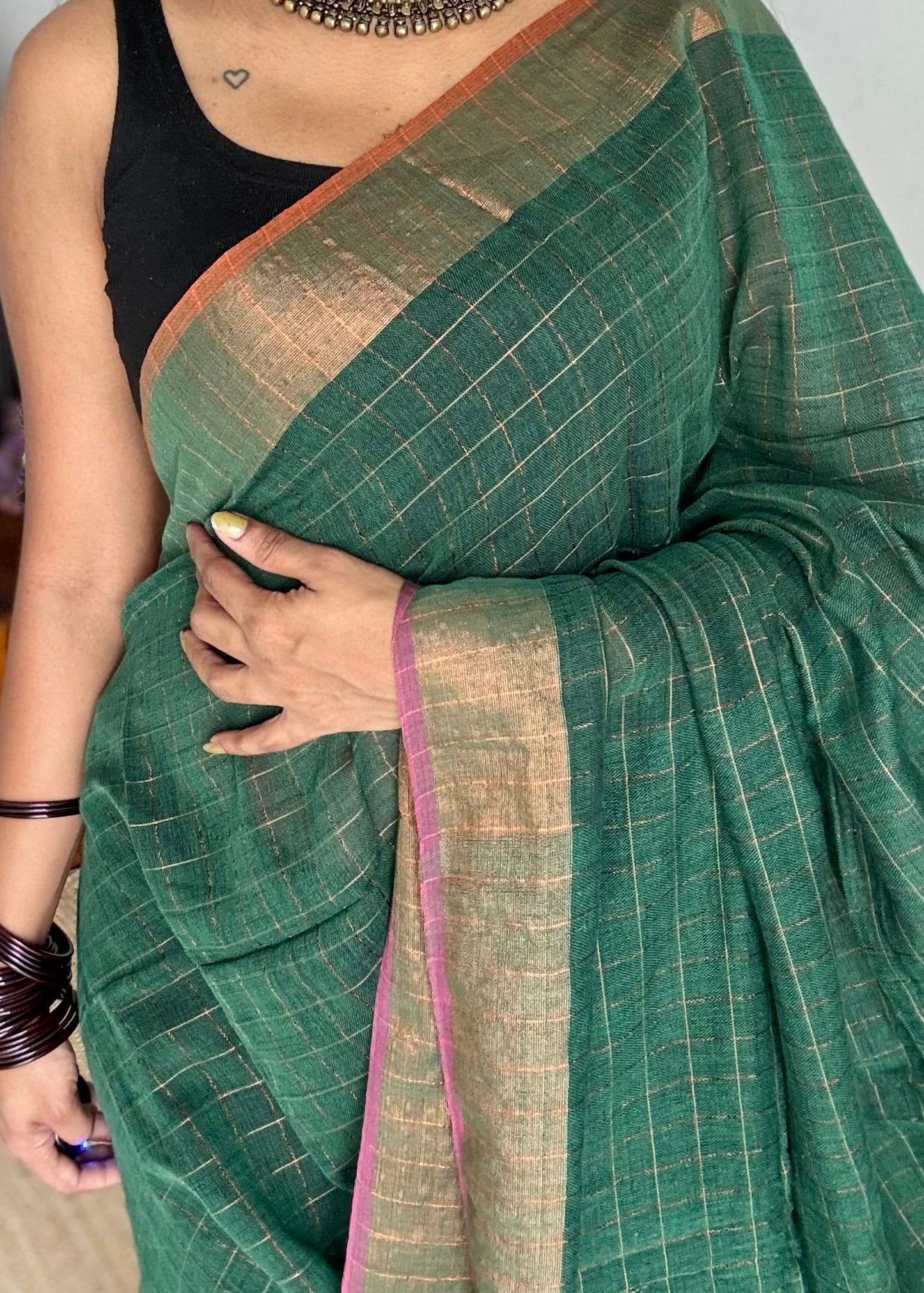 Green linen by cotton saree, gold checks & copper zari pallu - YCBCLCAP56
