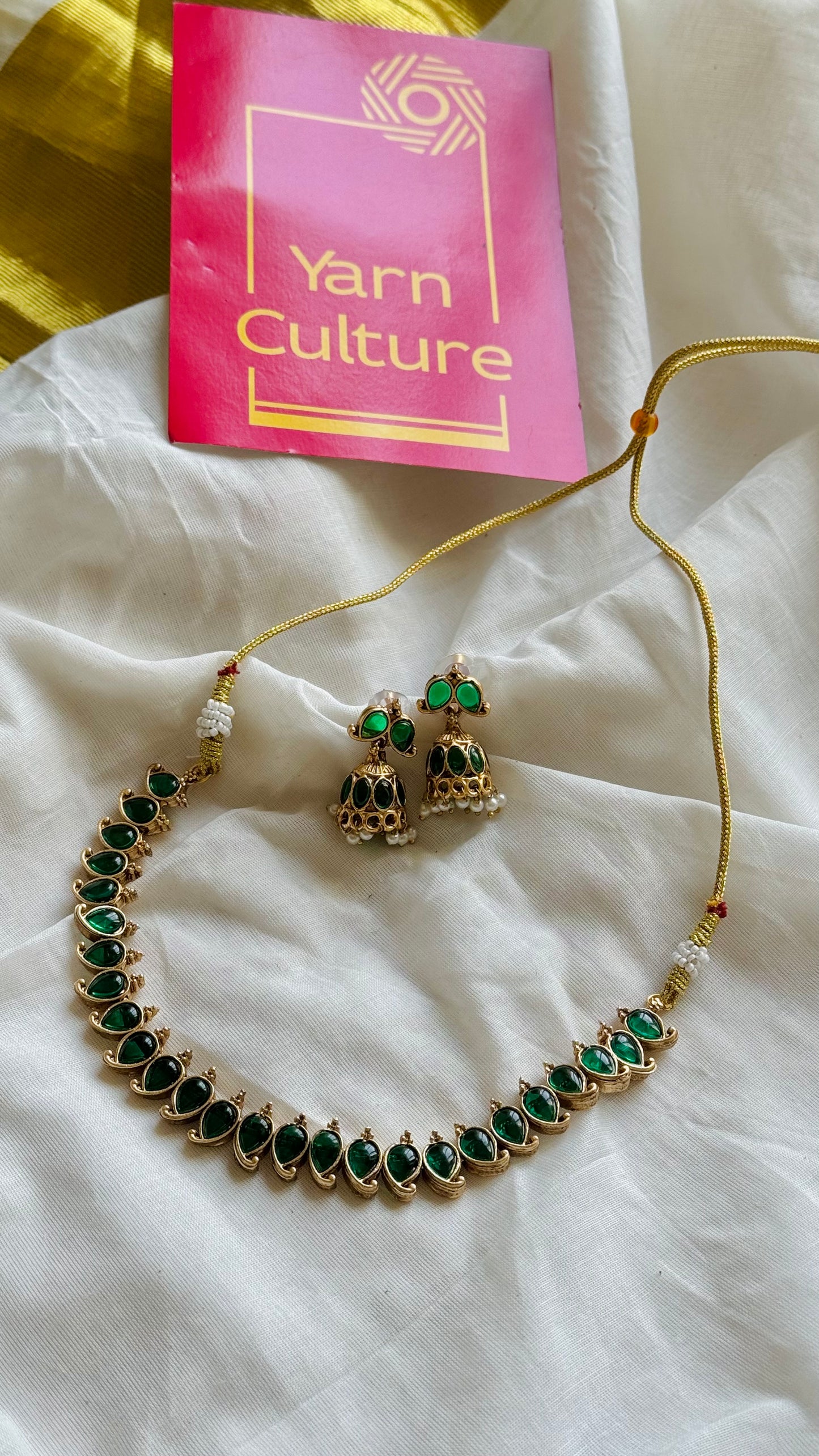 Green enamel stone neckpiece, with earrings - YCGPNP743