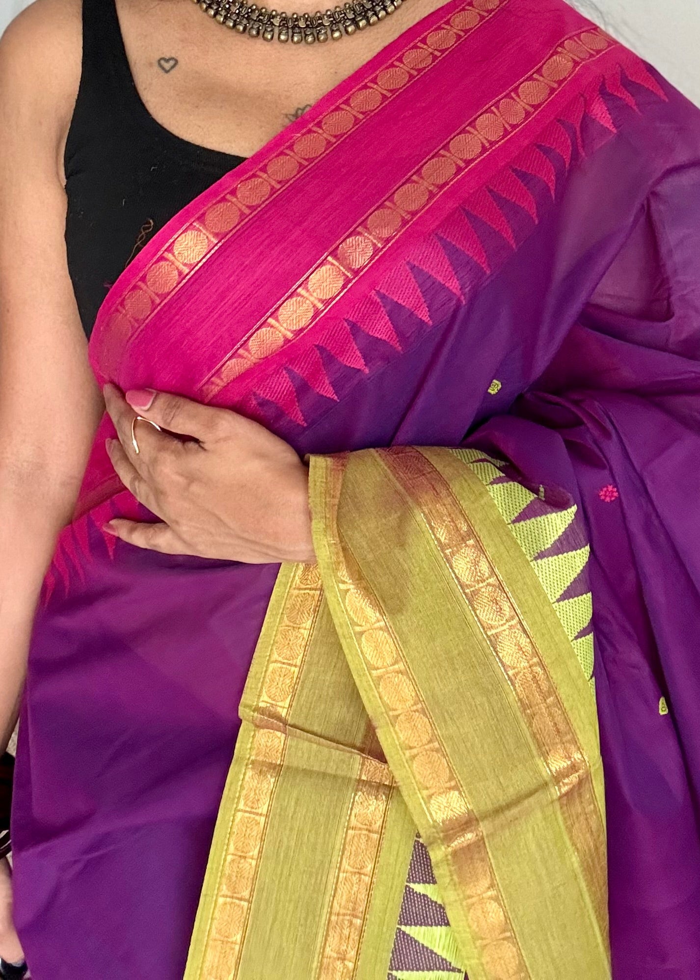 Kanchi cotton saree, purple with hot pink and lime green dual border - YCCOTNAP98