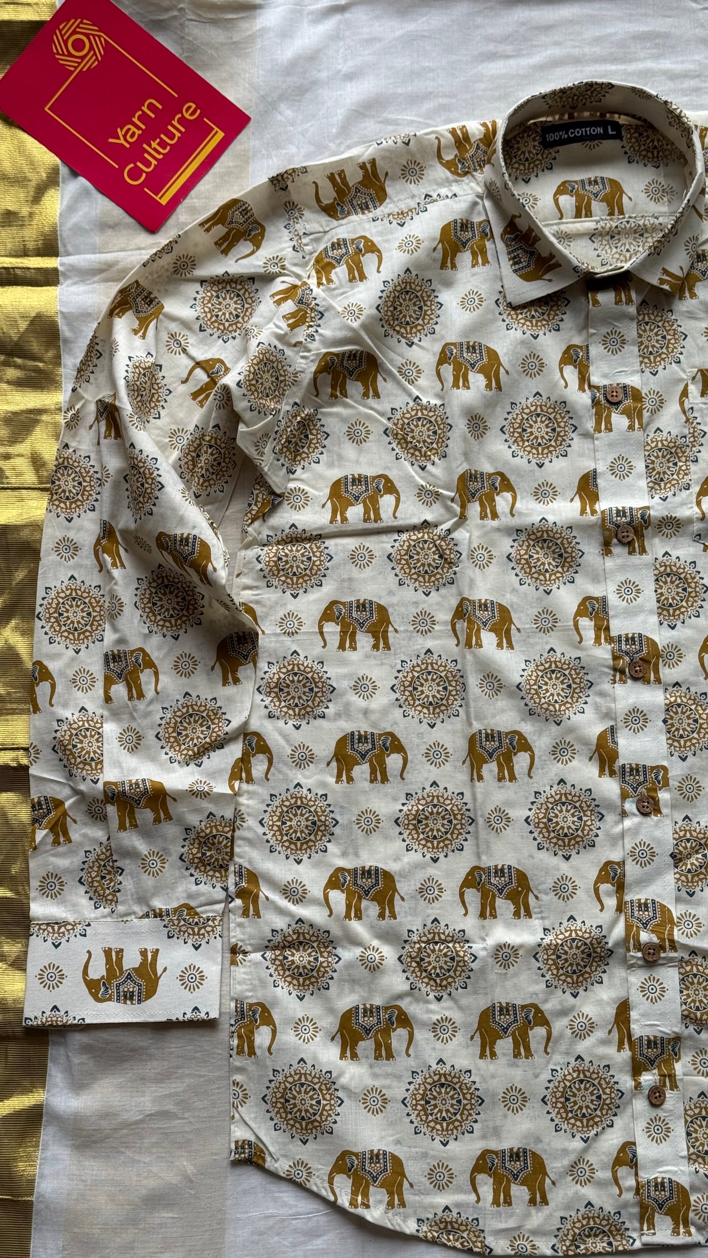 Ivory Elephant Motif Block Printed Cotton Men's Full Sleeve Collared Shirt - YCMSEIE205