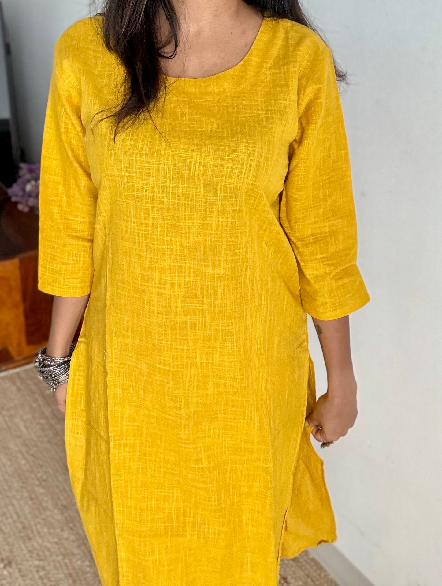 Yellow cotton round-neck stitched kurta co-ord set, three-fourth sleeves - YCSEBPSFE249