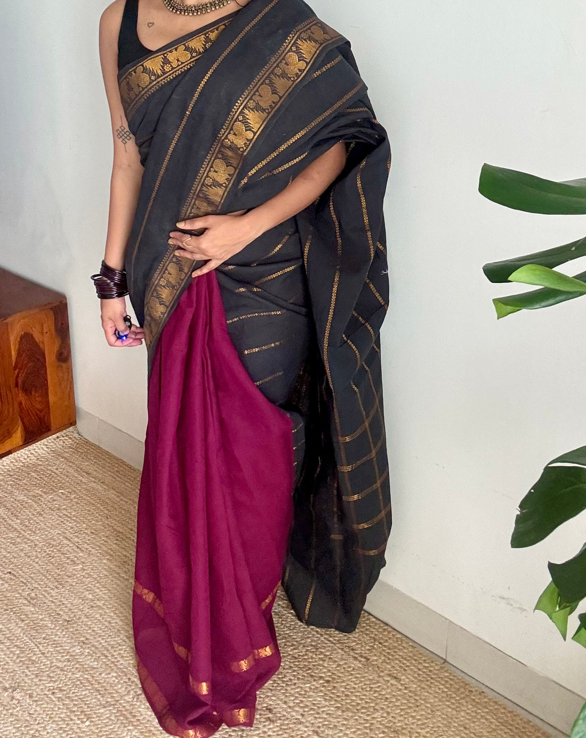 Black with purple pink (vadamalli), sungudi cotton half-half saree - YCCOTNIDOC21