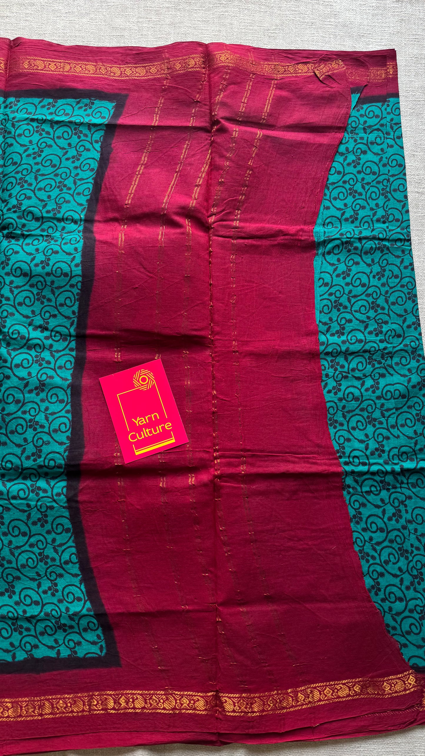 Madisar saree (9 yards) - Aqua green with red, motif printed, kattuchayam dyed madurai sungudi cotton saree - YCCOTNMSFE80