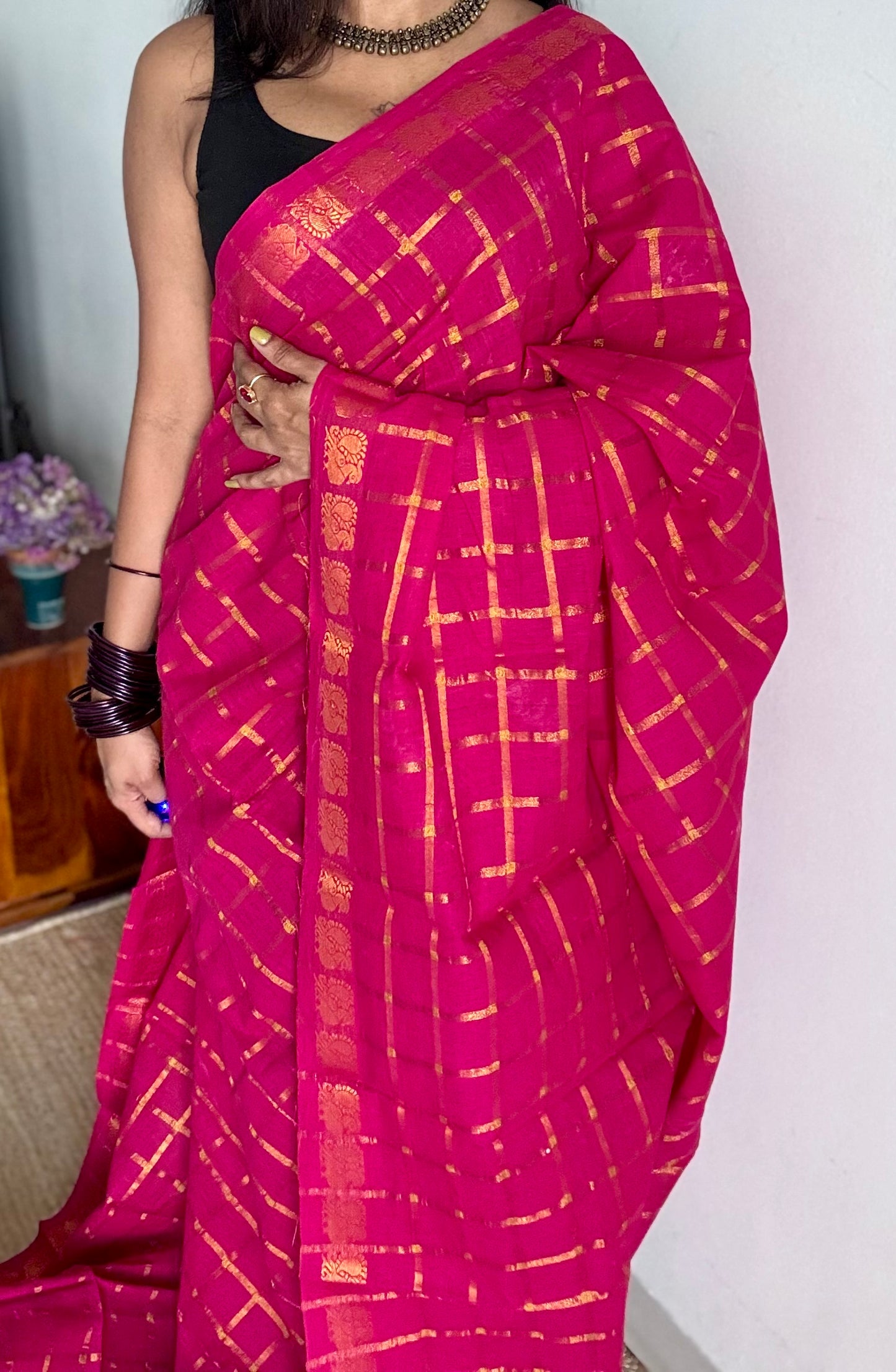 Magenta pavithra kattam kattuchayam dyed madurai cotton saree - YCCOTNMSFE137