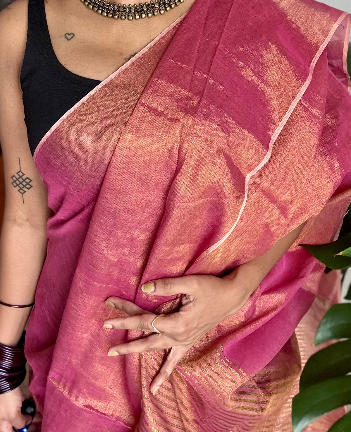 Rani pink with gold, dual tone metallic tissue linen saree - YCBCLTOC55