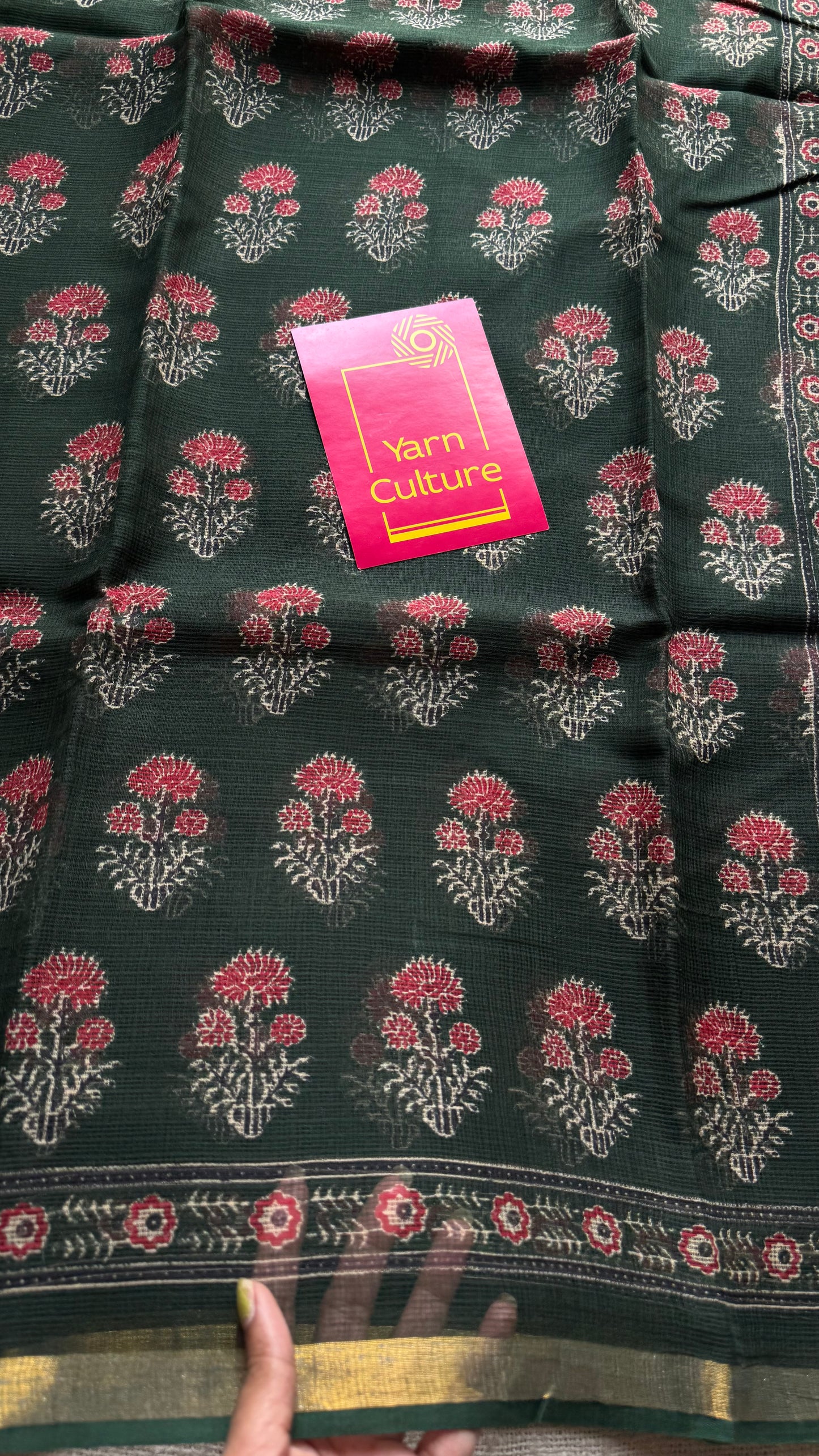 Mirchi Mix - dark green with red floral kota doria saree, with gold zari border - YCTORKDJU28