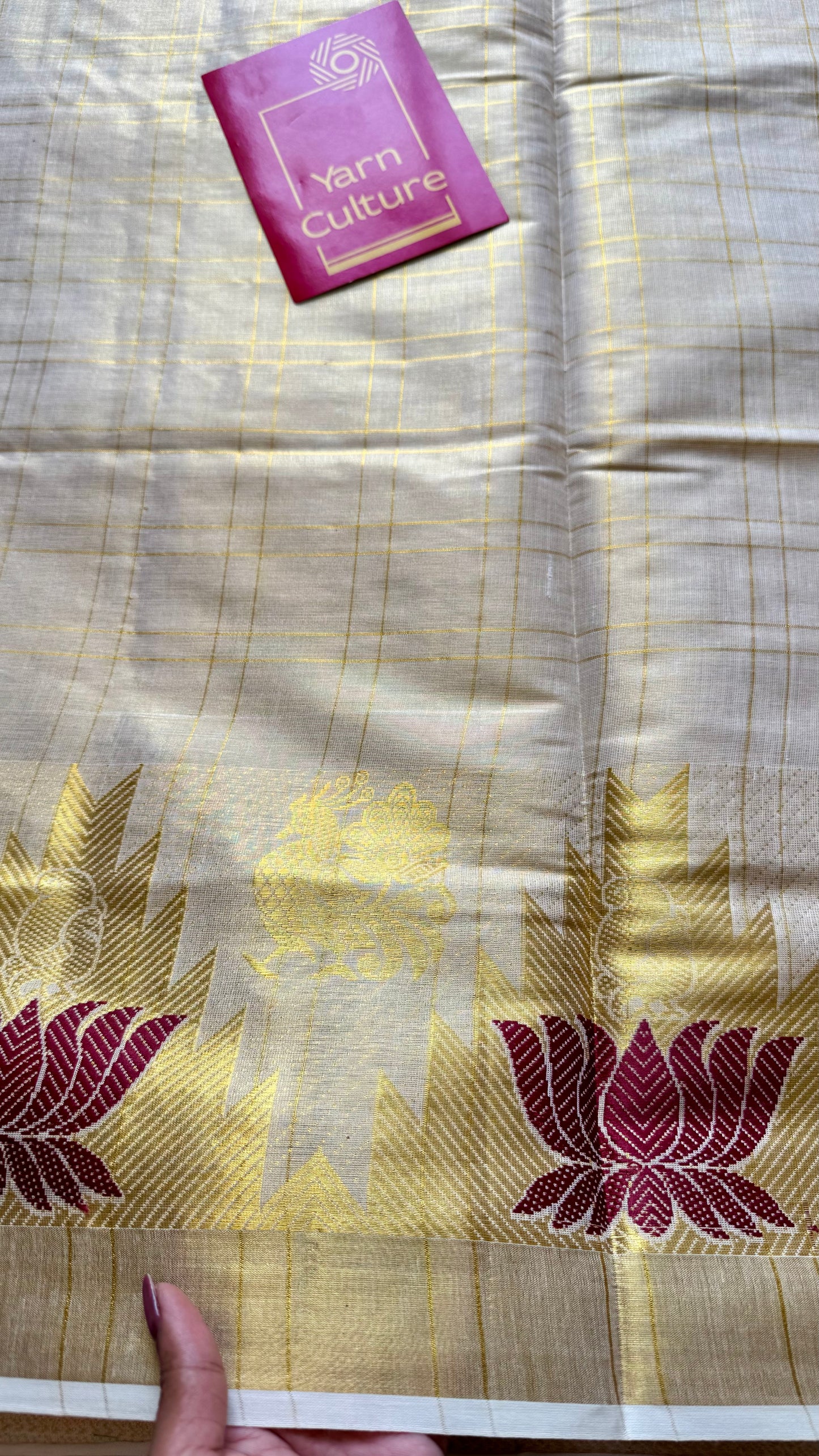 Ivory and gold kerala kasavu saree, maroon lotus motif border - YCIEON48