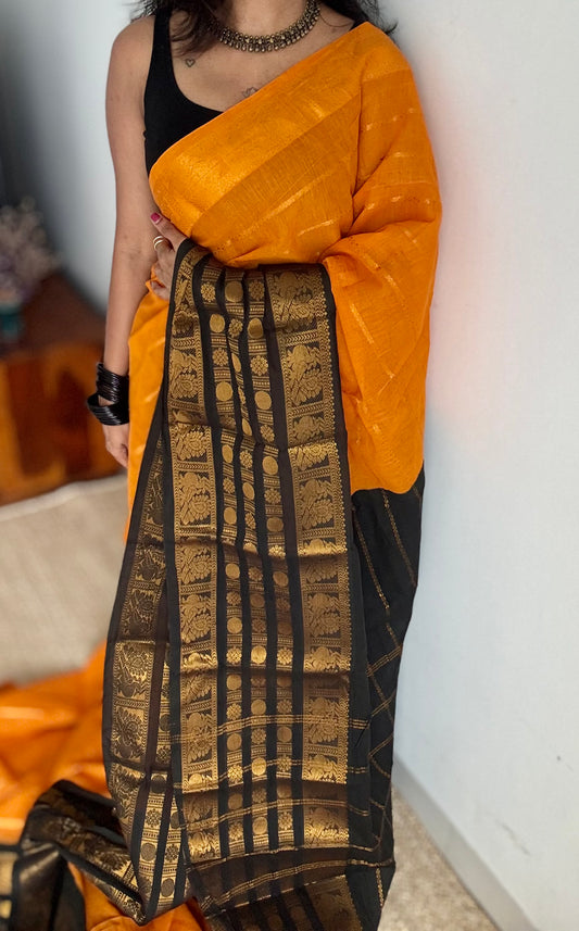 Turmeric yellow (towards orange) with black, peacock rudraksham motif, single side broad zari - madurai kattuchayam dyed - YCCOTNAURS16