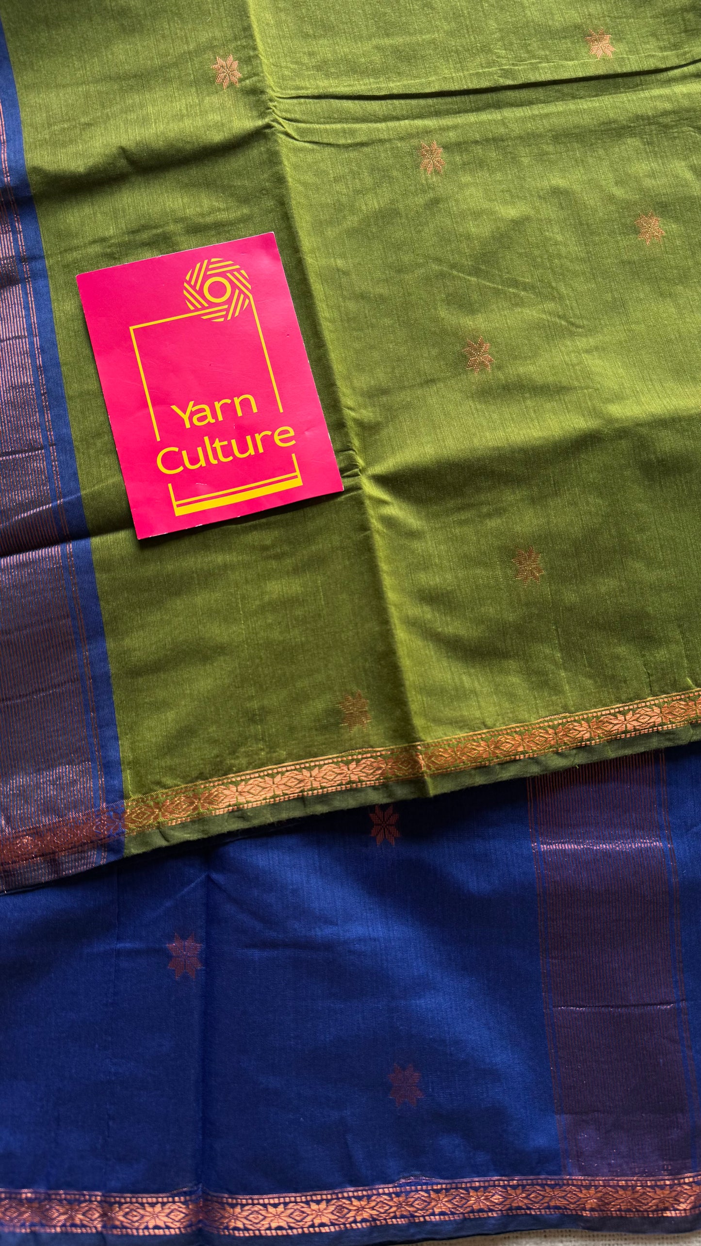 Parrot green with blue, copper zari buttas, semi maheshwari cotton silk - YCCOTNCSDE90