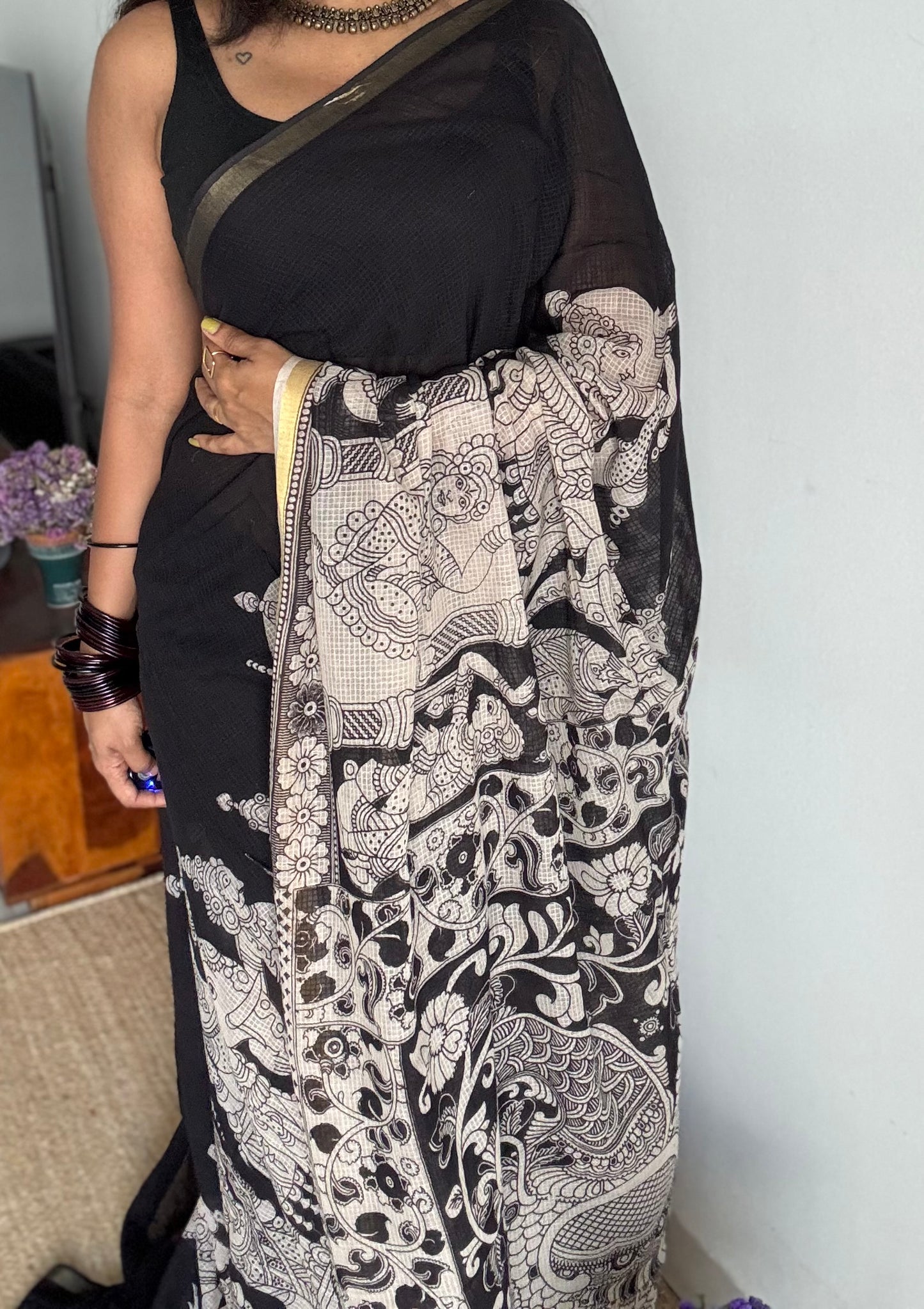 Black cream kalamkari saree in kota, with zari border - YCWOTDKKFE15