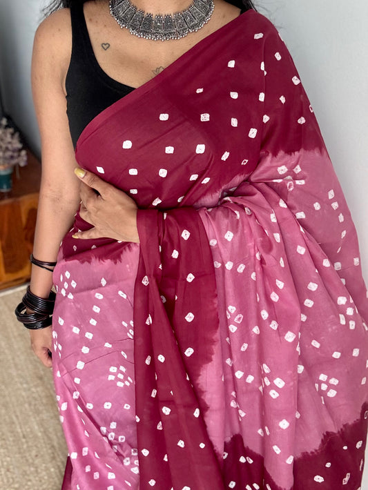 Pink with maroon Sungudi/Bandhani, soft cotton - YCCOTNSEMS79