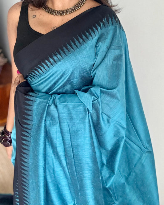 Blue with black temple border - cotton silk - YCCOTNOCKCS2