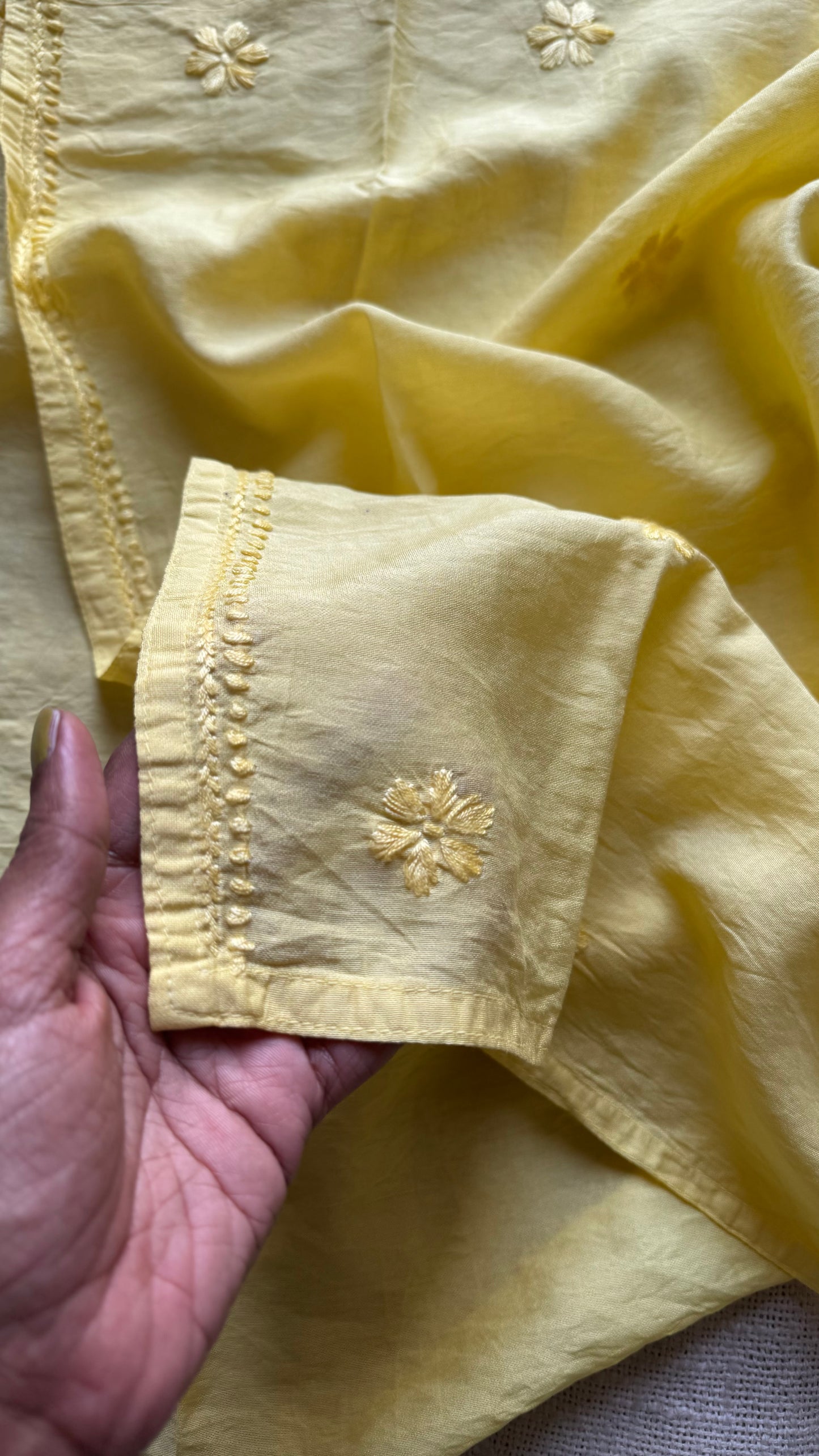 Light yellow chanderi chikankari with ghas patti work, stitched kurta, round neck, three fourth sleeves - YCSECK05