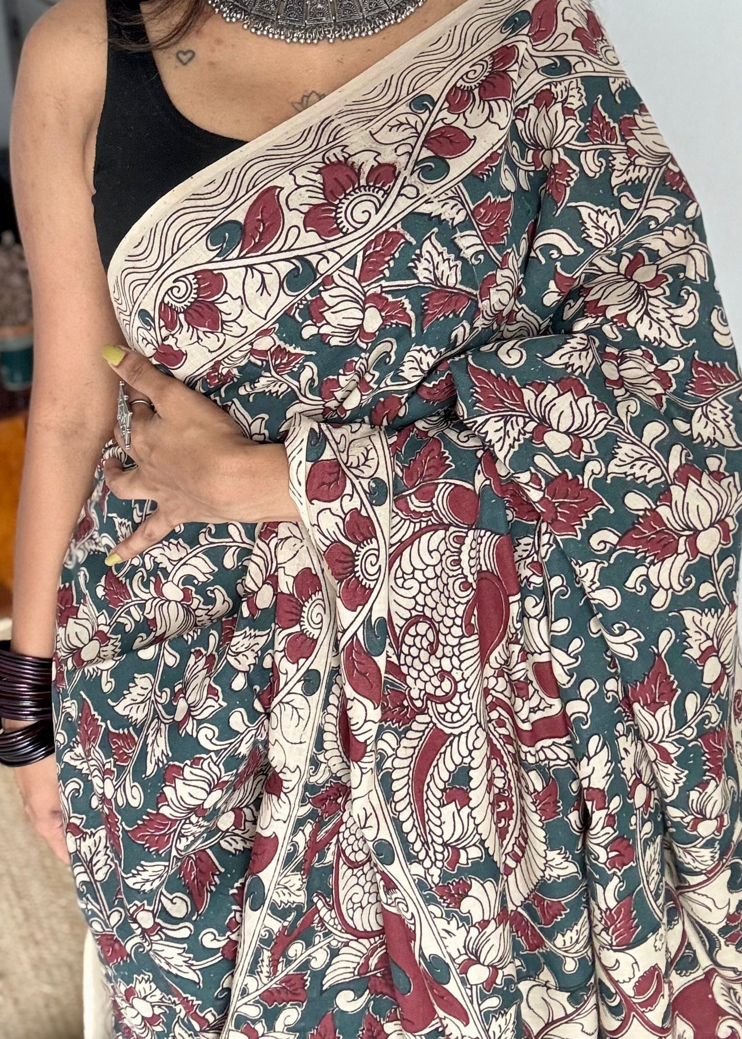 Bluish grey with beige and maroon kalamkari, floral vines, soft cotton - YCWOTDOCMP86