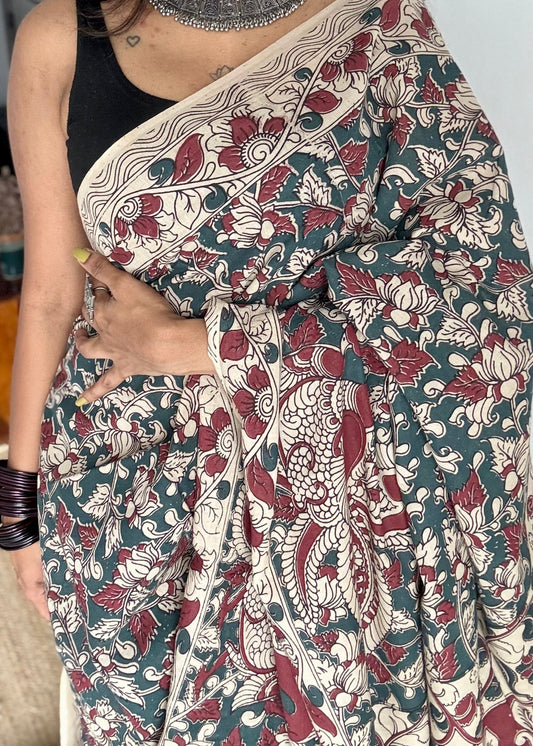 Bluish grey with beige and maroon kalamkari, floral vines, soft cotton - YCWOTDOCMP86