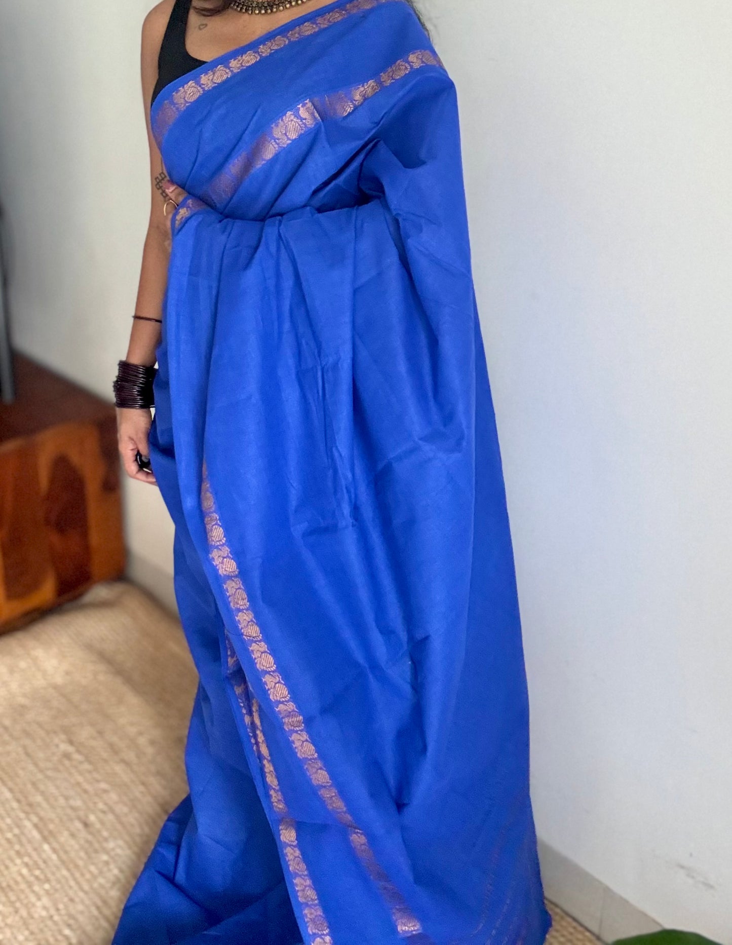 Electric blue rettaipettu peacock gap border, kattuchayam dyed madurai cotton saree  - YCCOTNMSJUL01