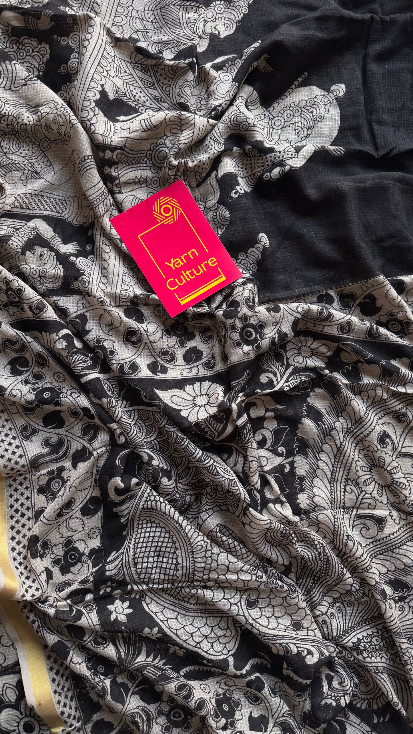 Black cream kalamkari saree in kota, with zari border - YCWOTDKKFE15