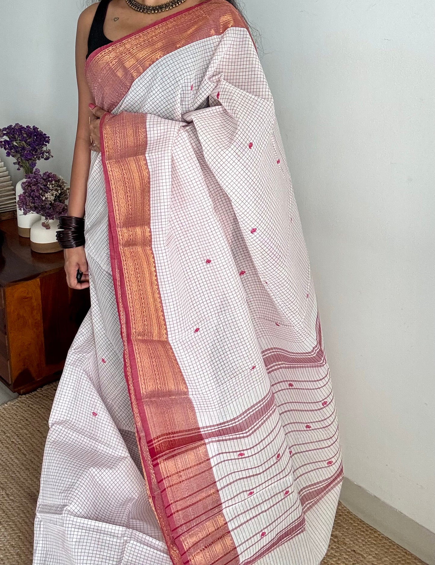 White and burnt red contrast, checkered Chettinad cotton saree - YCCOTNMA264