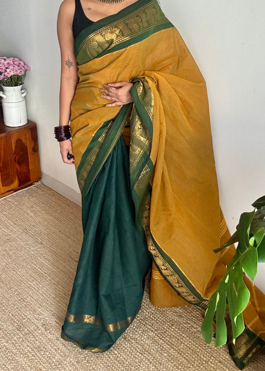 Ginger green with dark green, sungudi and chettinad cotton half and half saree - YCCOTNIDOC134