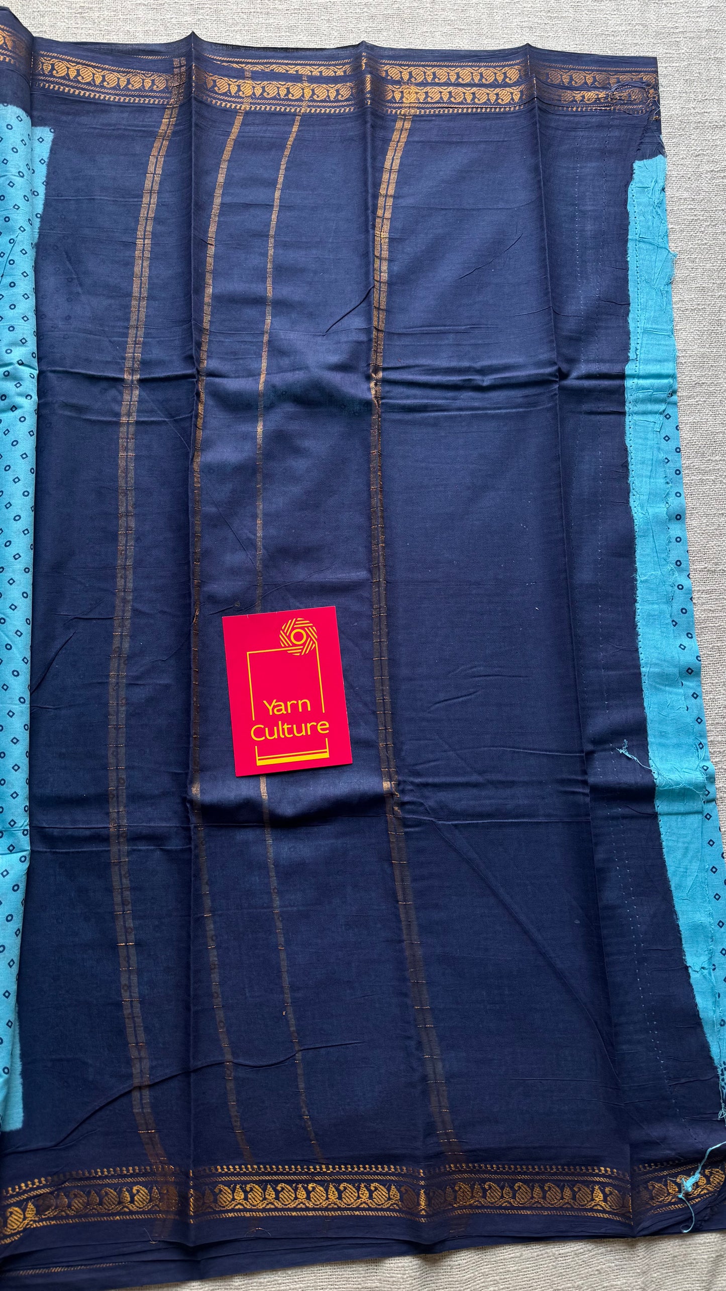 Light blue with dark blue, motif printed, kattuchayam dyed madurai sungudi cotton saree - YCCOTNMSFE76