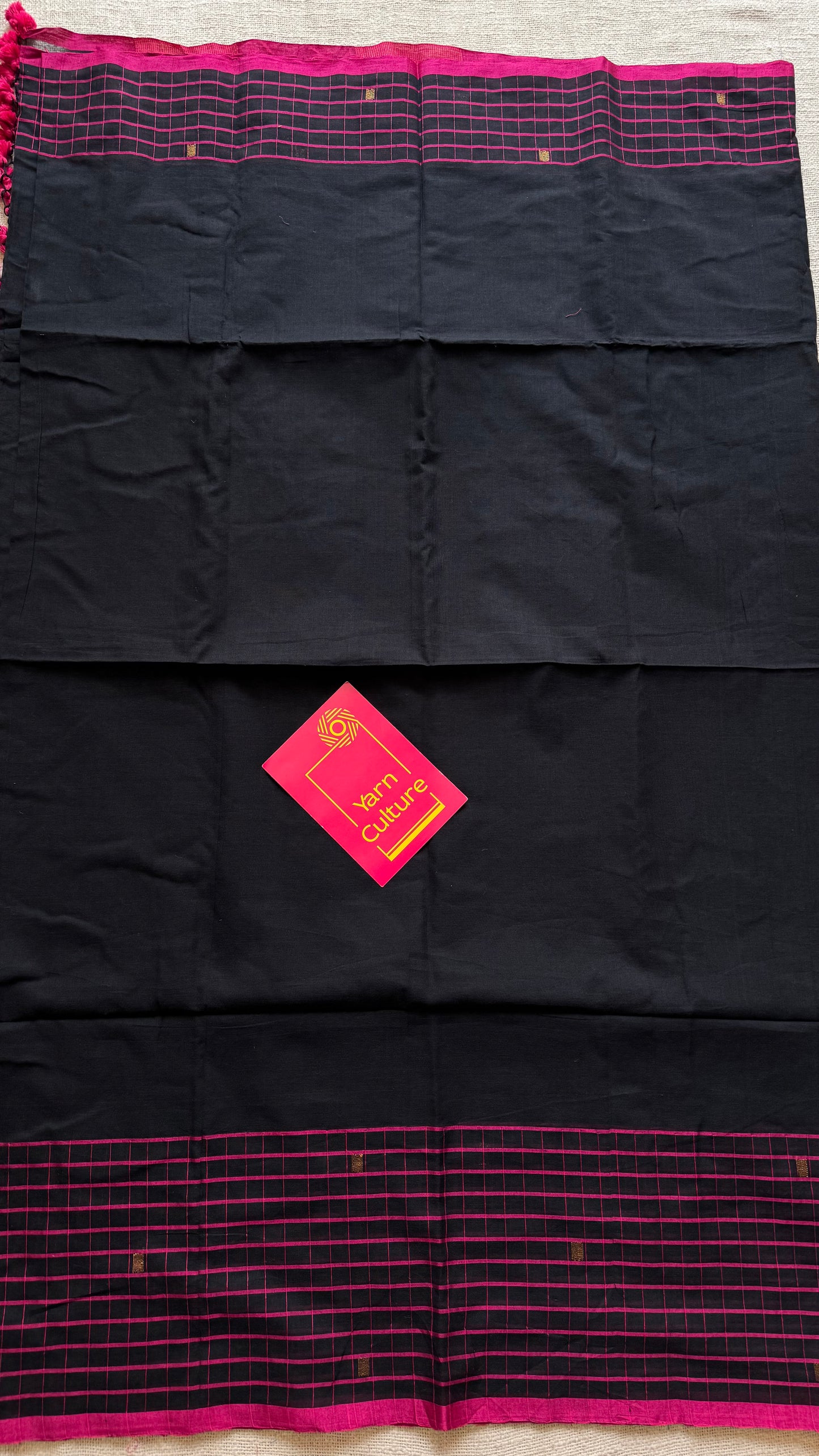 Black handloom mul saree with pink checkered borders and antique gold buttas - YCBCMCFE385