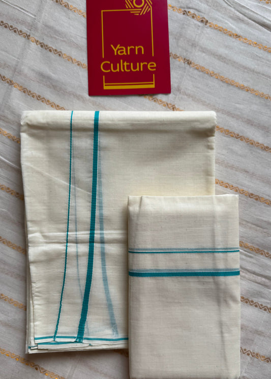 Set mund, kambikkara (thin border) with cyan blue coloured lines - YCIEON136