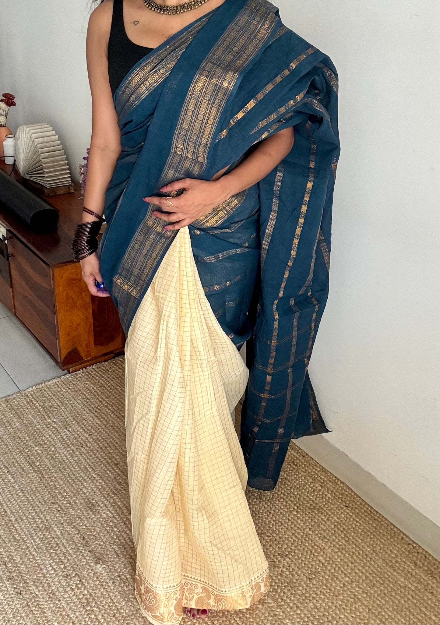 Teal and ivory, sungudi cotton half-half saree - YCCOTNIDMA310
