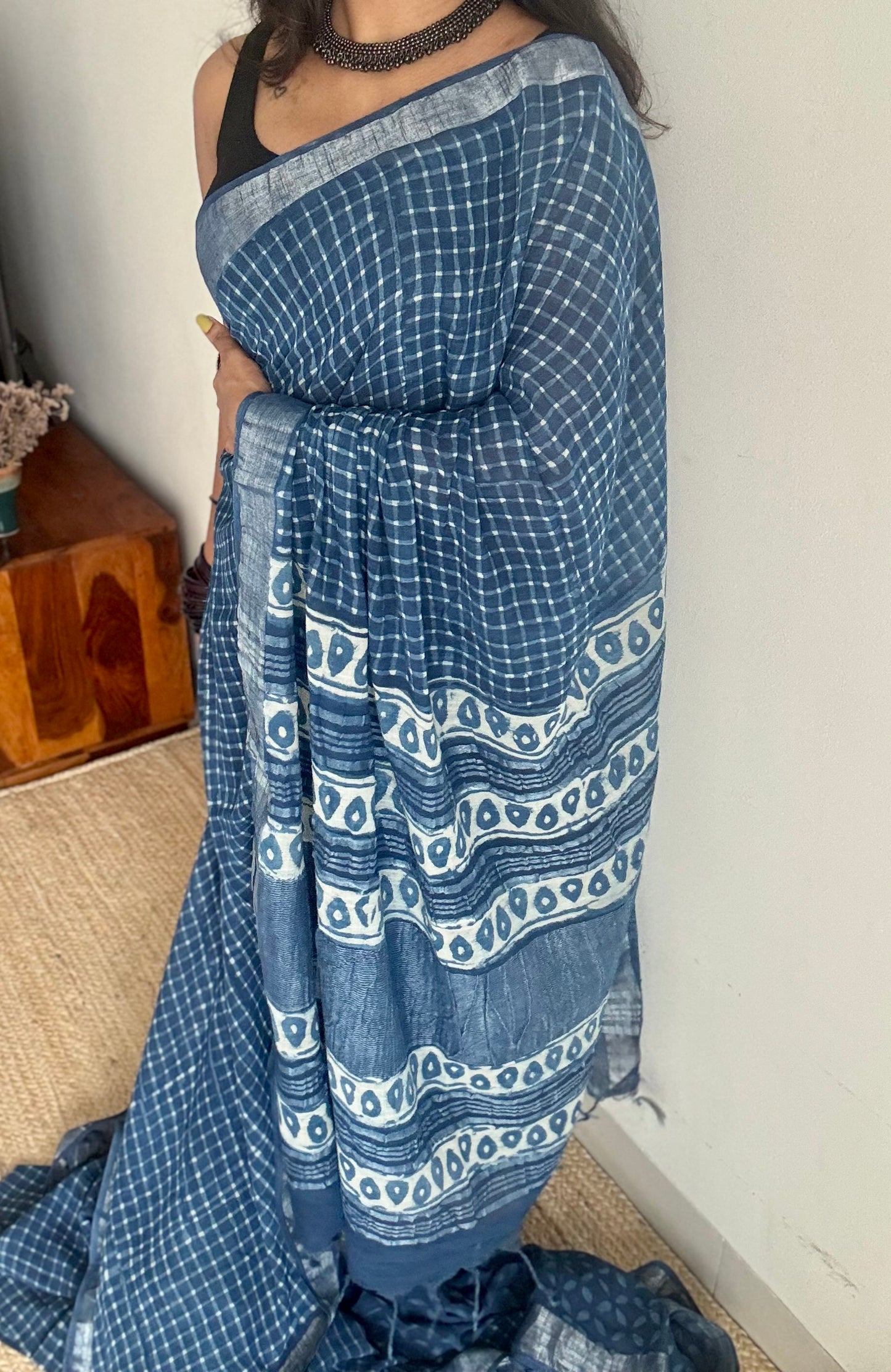 Indigo linen, small checks, silver zari border -YCTORNOP17