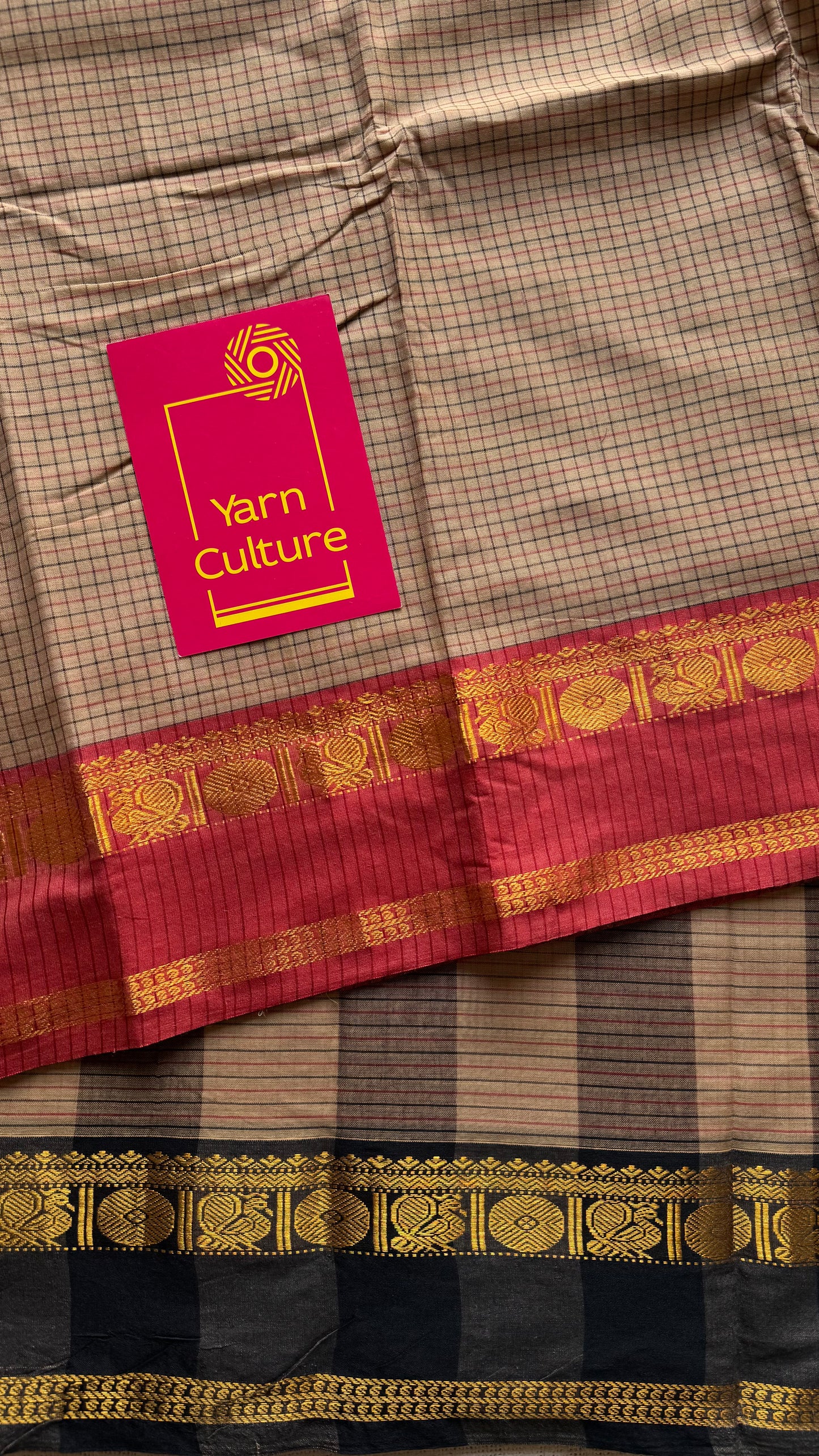 Grey checks with black and light red ganga jamuna borders, premium narayanpet soft cotton - YCWOTDNPJA154