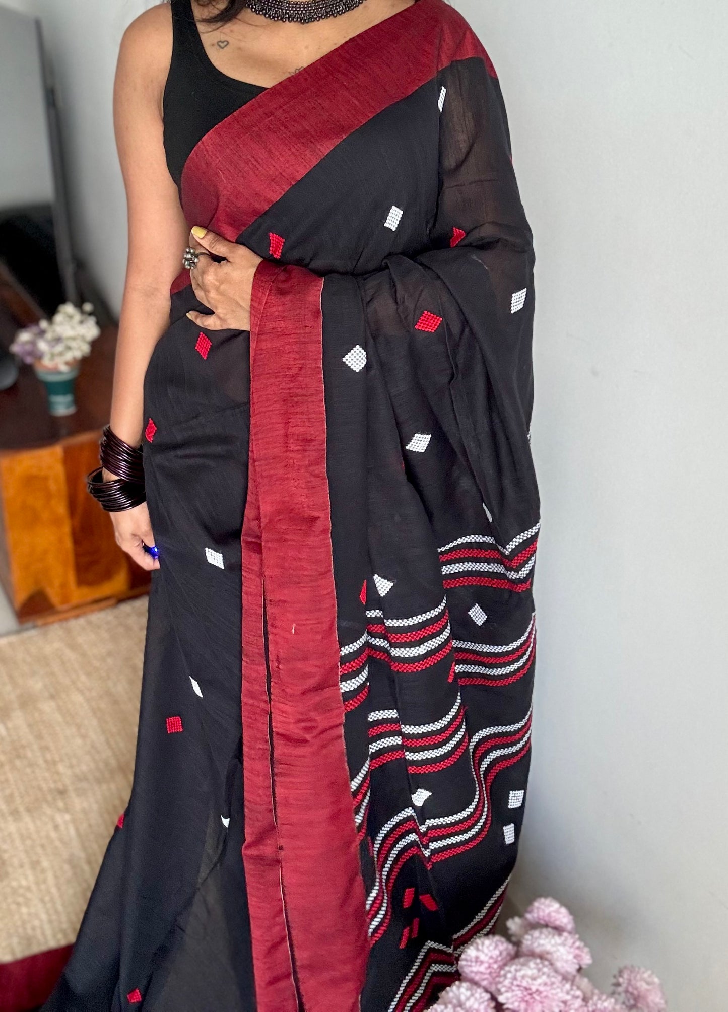Black with red, soft khadi cotton with woven motifs - YCBCKCDE25