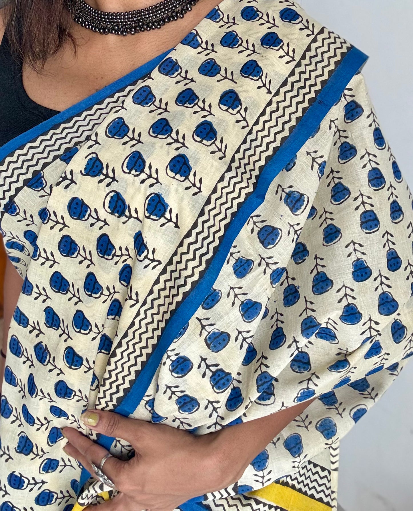 Beige with blue flowers, block printed soft cotton saree -YCTORCMA09
