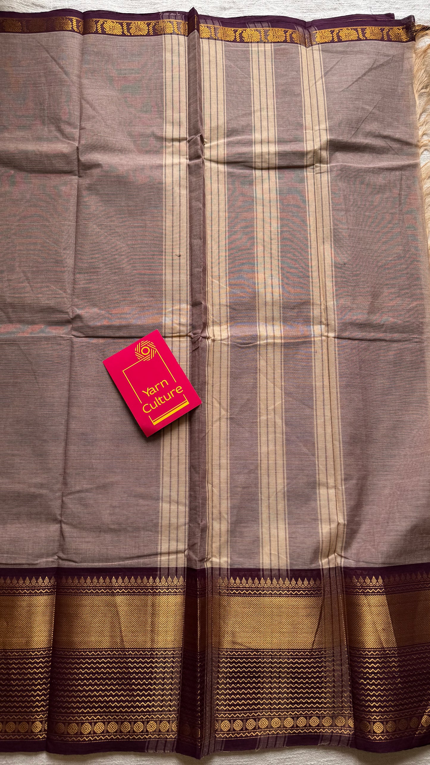 Kanchi cotton saree, beige brown with dark maroon zari border - YCCOTNAP88