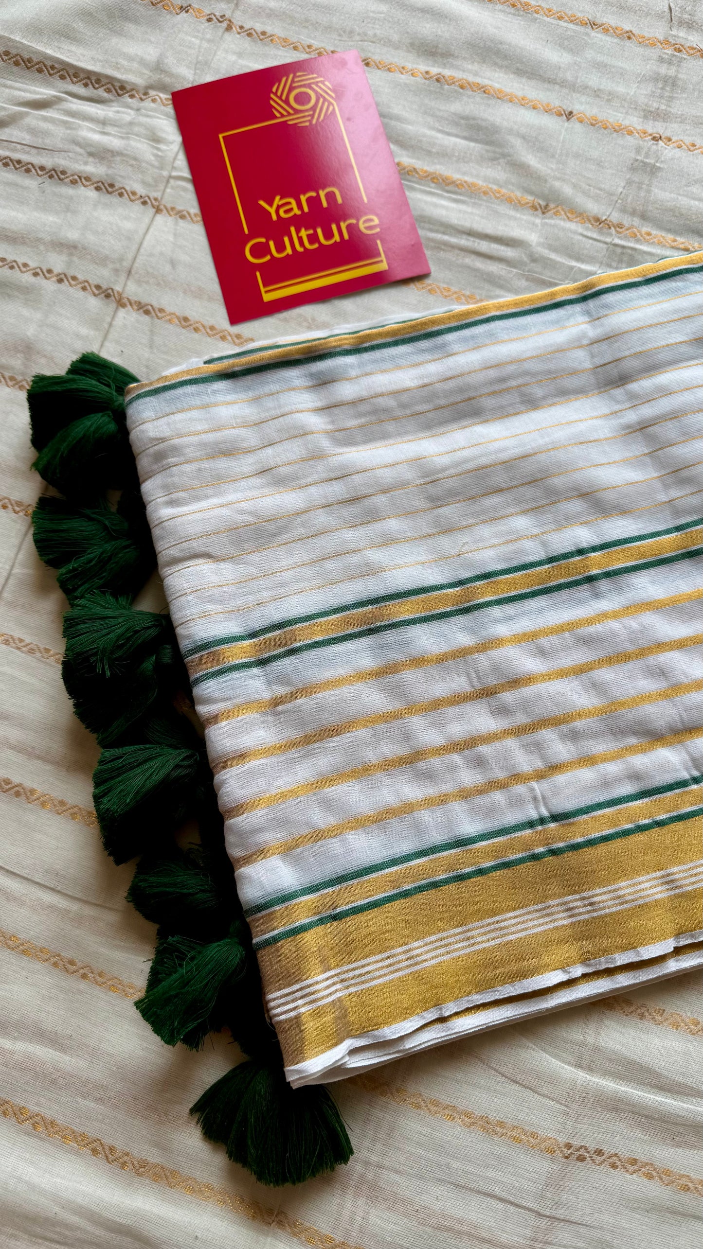 Ivory mul saree, green and gold stripes - YCIEON05