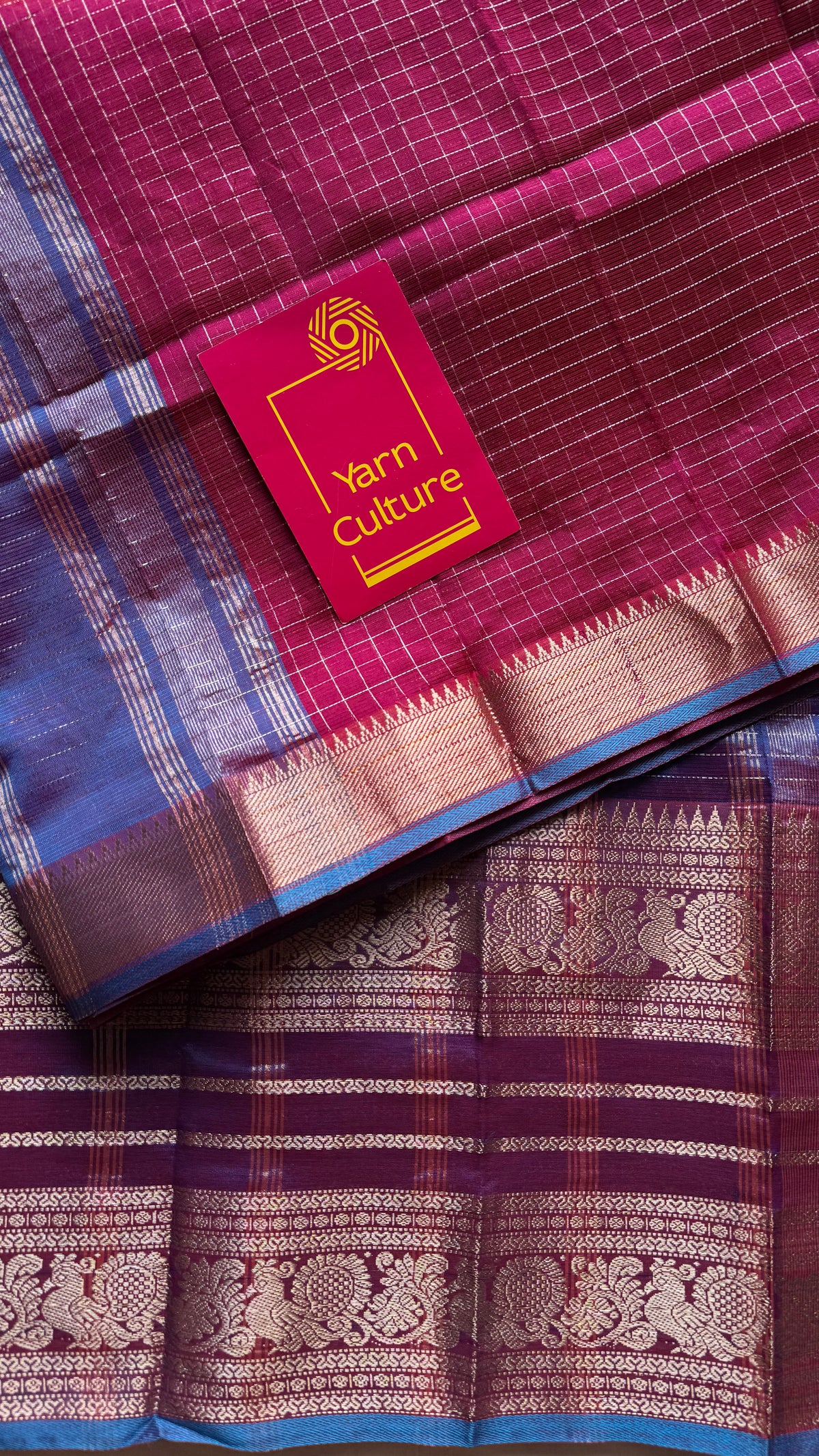 Dark berry pink with blue silver zari checks, silver and gold peacock woven zari border, mangalgiri silk cotton, handwoven, soft, light weight - YCWOTDMSCOC124