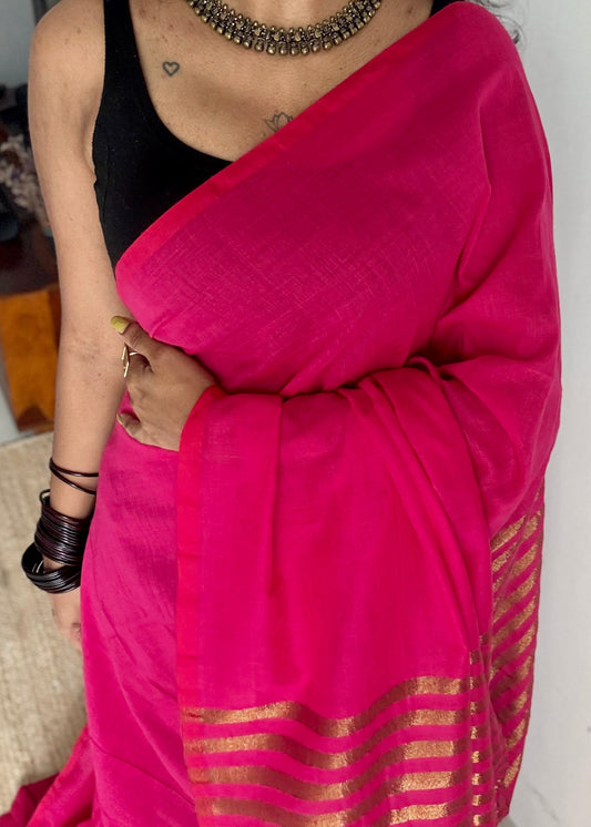 Hot pink khadi with antique gold pallu - YCBCKZPSE03