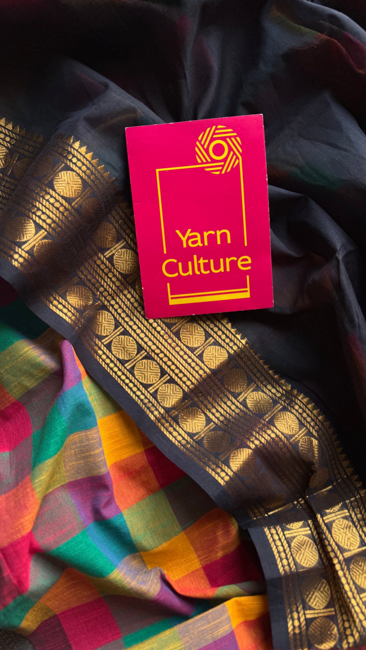 Black chettinad with multicoloured madras checks, cotton half and half saree - YCCOTNIDOC166