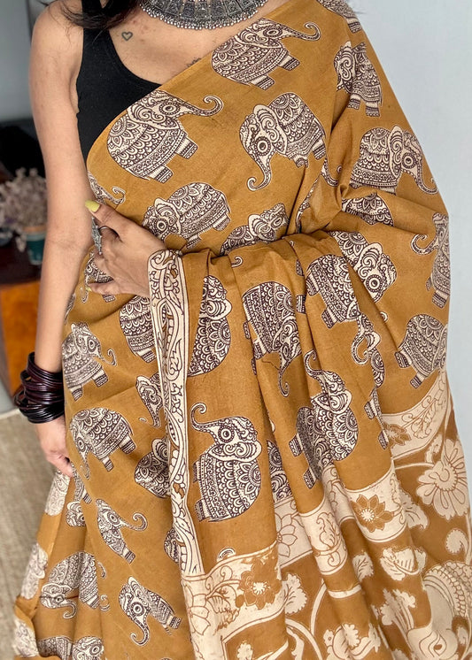 Light brown kalamkari, elephant motifs, soft cotton - YCWOTDOCMP83