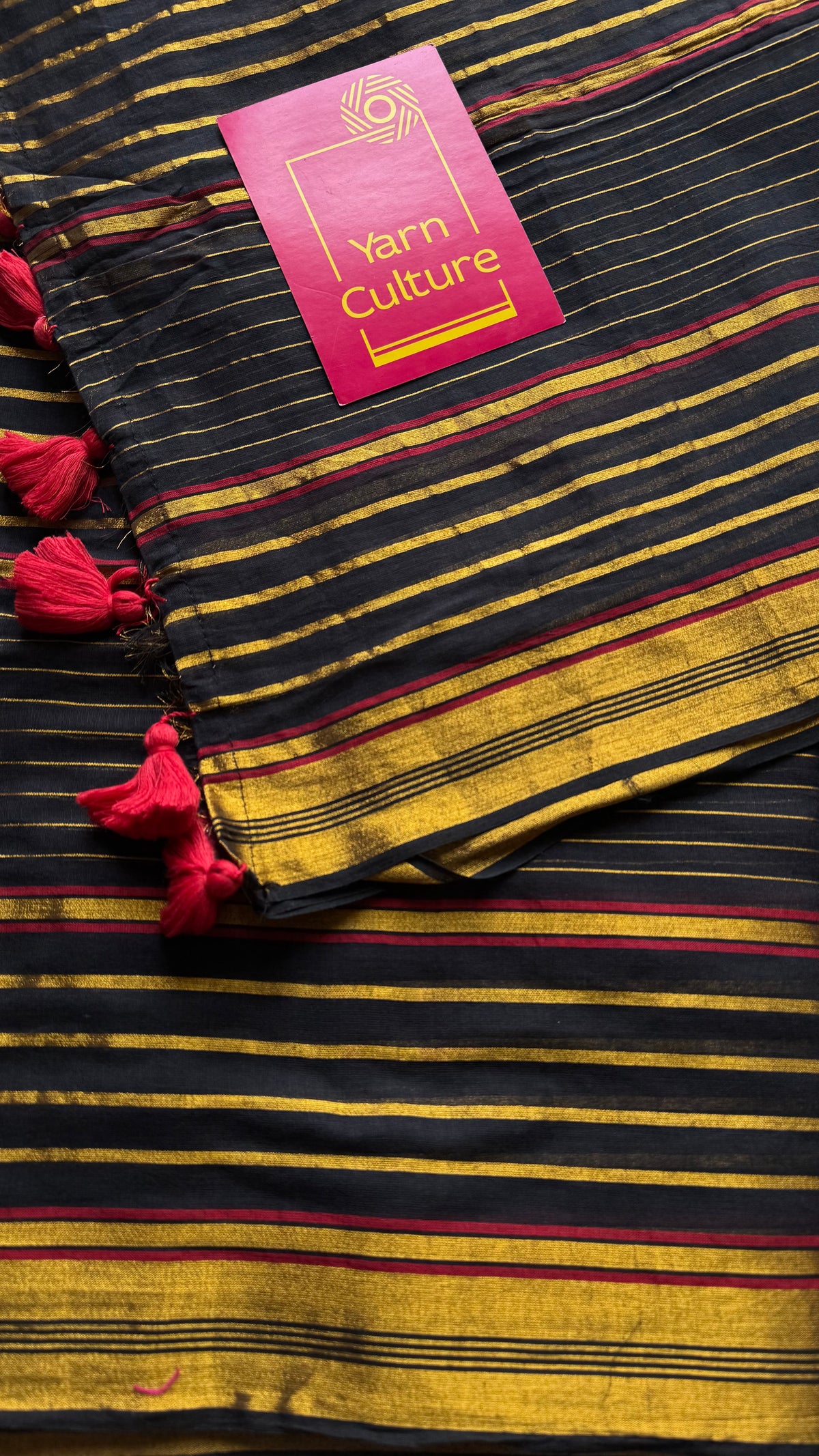Black mul cotton saree with gold and maroon zari stripes - YCBCMCSE27