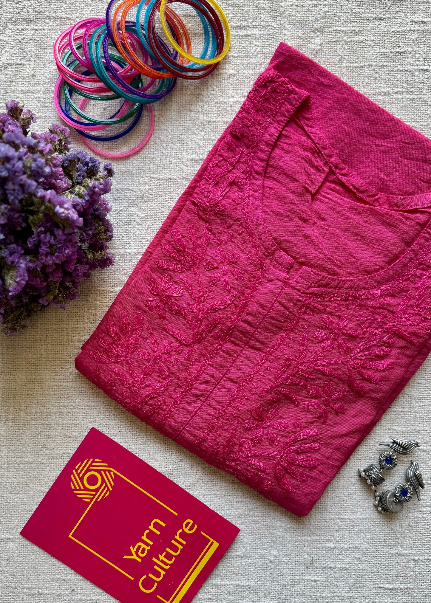 Hot pink chanderi chikankari with ghas patti work, stitched kurta, round neck, three fourth sleeves - YCSECK09