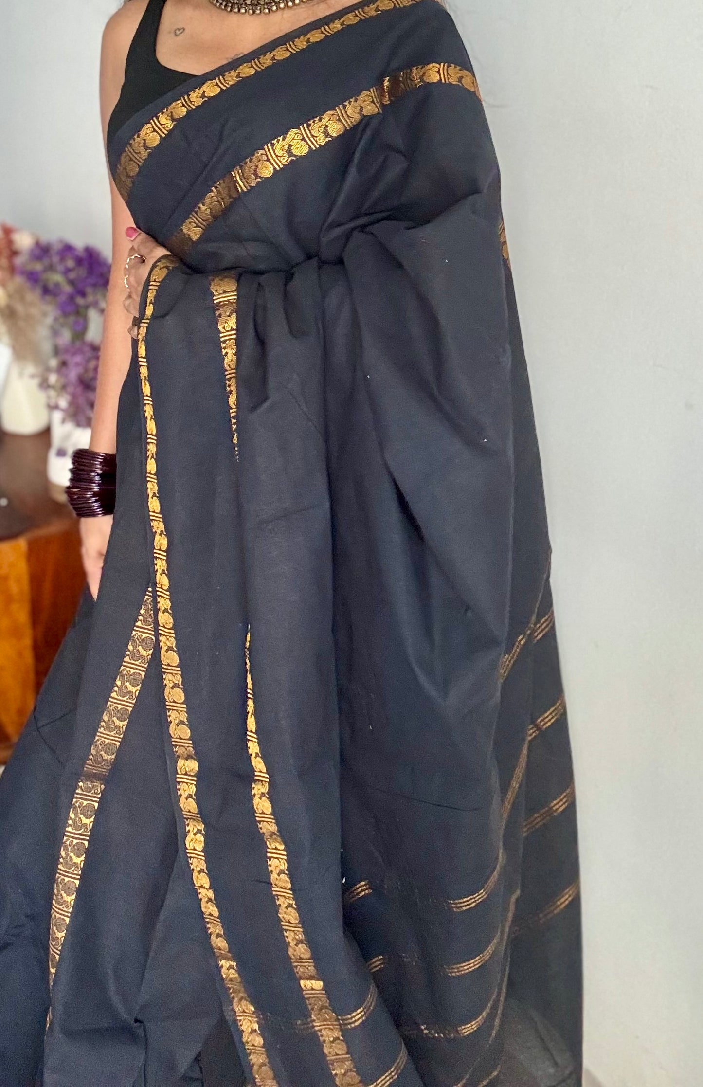 Black rettaipettu peacock gap border, kattuchayam dyed madurai cotton saree  - YCCOTNMSAP100