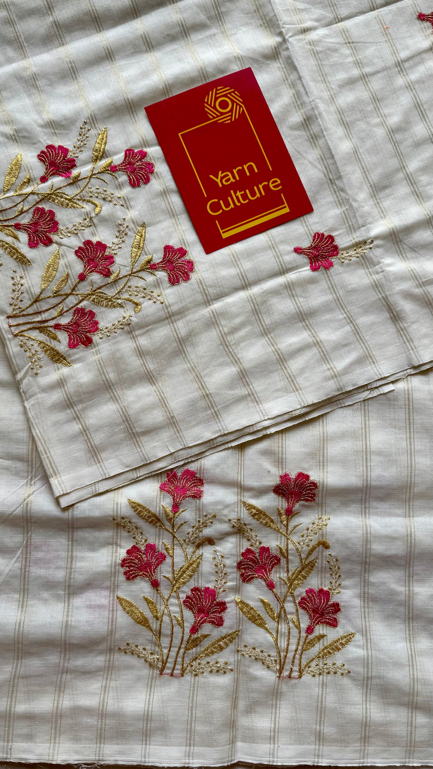 Ivory and gold soft cotton saree, hot pink floral embroidery  - YCIEON54