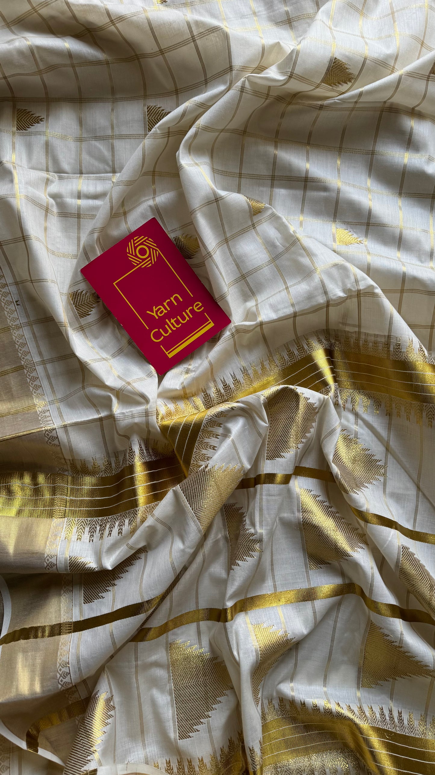 Ivory Kerala cotton saree with checks and gold jacquard motifs - YCIEKCFE319