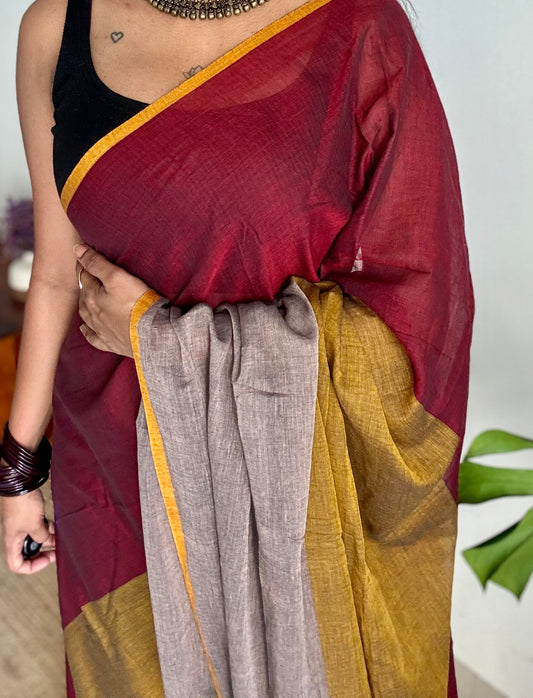 Maroon brown and grey saree, mul cotton - YCBCMA320