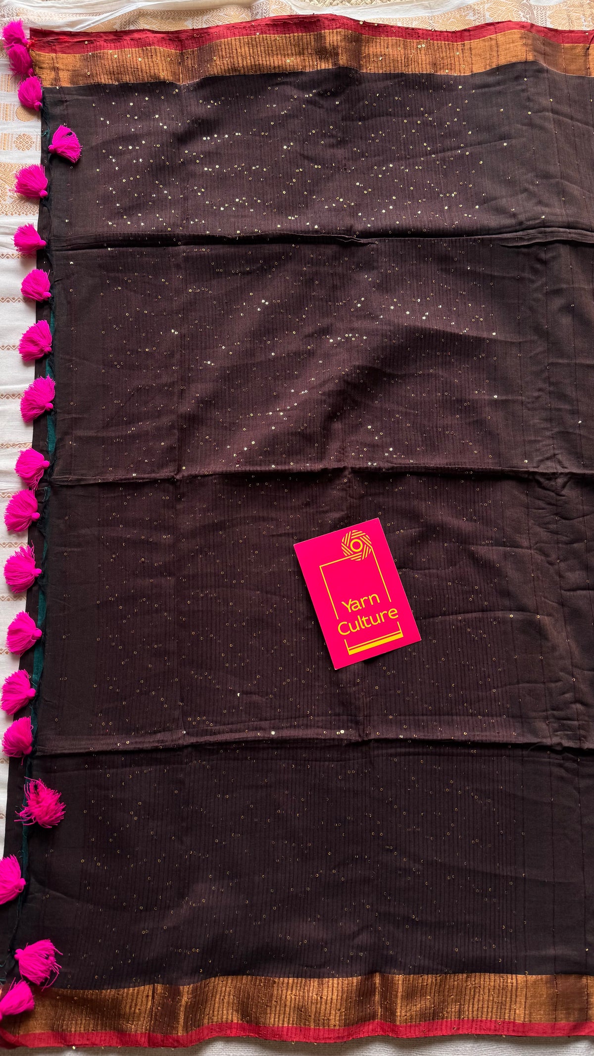 Brown mul cotton saree with sequins and zari border - YCBCMCSE33