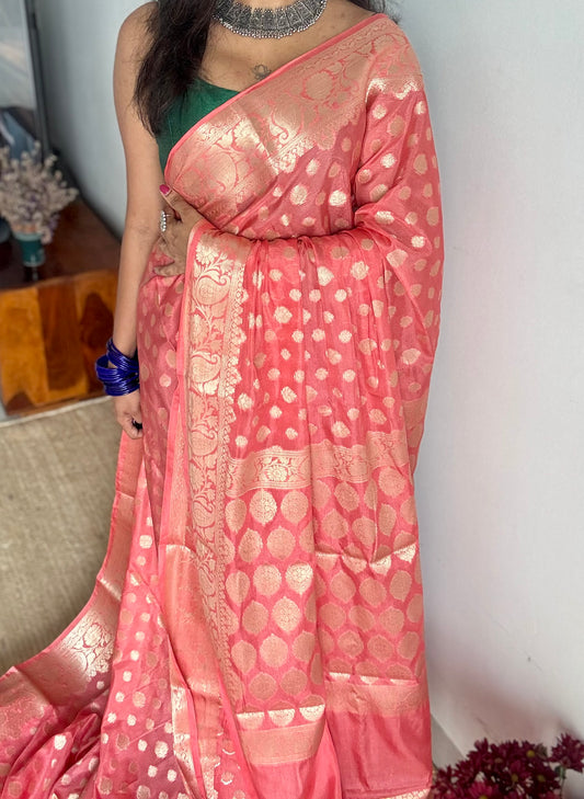 Peach pink, muted gold buttas and zari, Banarasi semi-silk - YCDESE41
