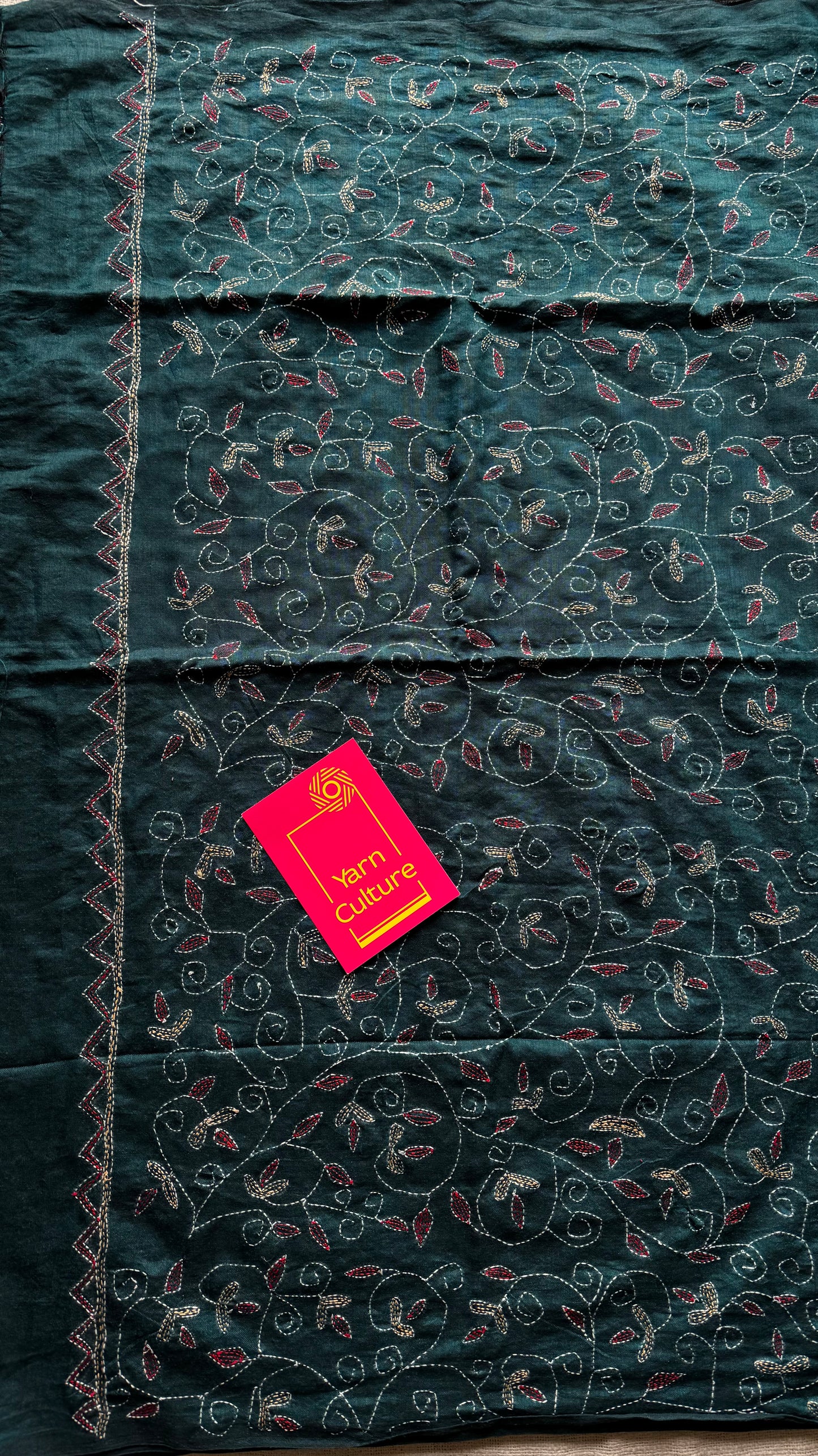 Embroidered peacock blue kantha weave in soft cotton - YCBCKKJA144