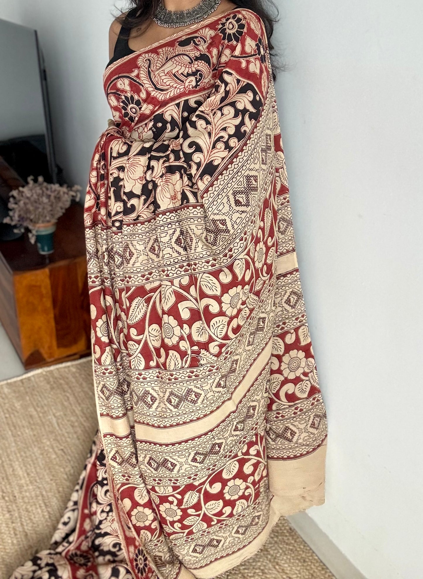 Black with beige and brick red kalamkari, floral vines, soft cotton - YCWOTDOCMP85
