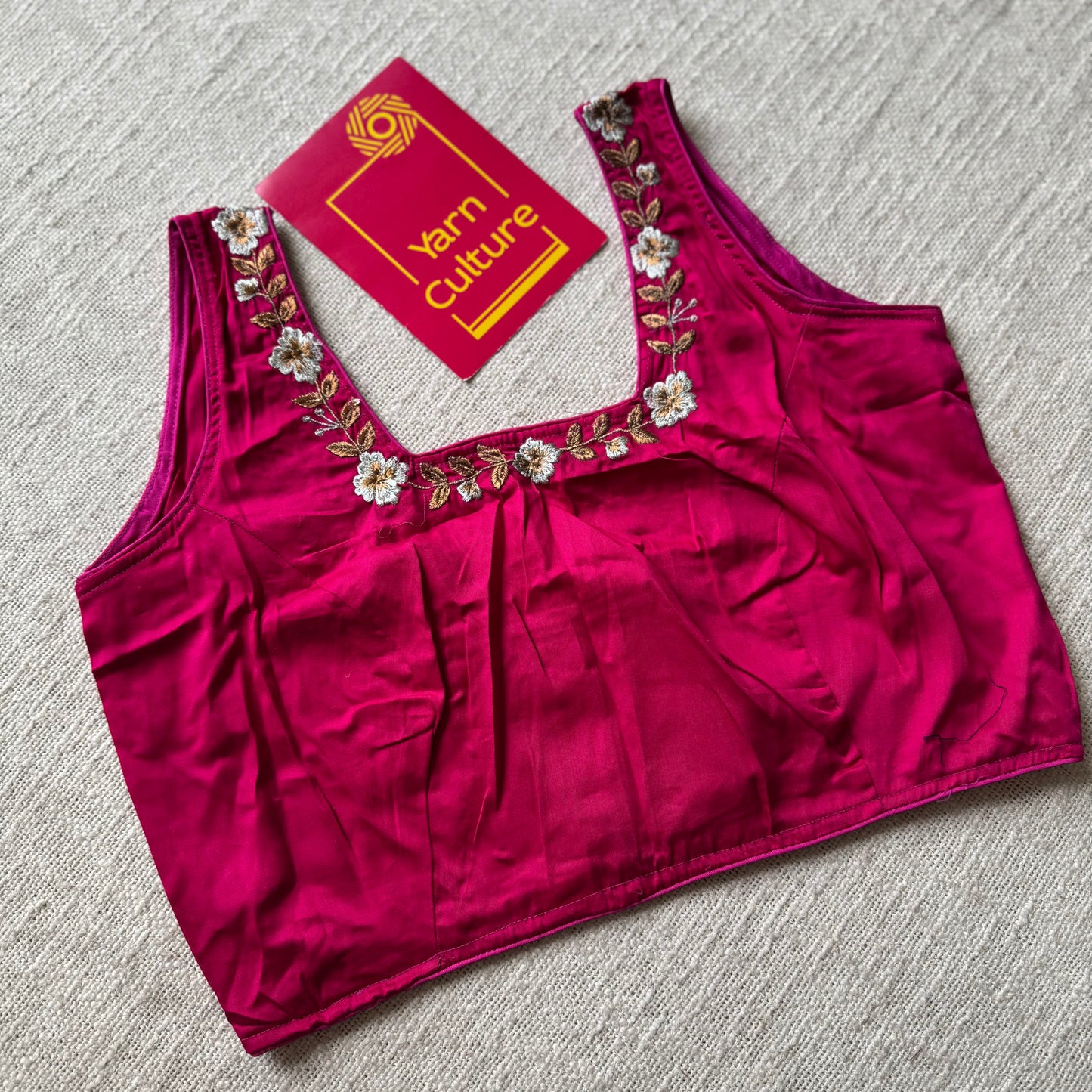 Hot pink with floral embroidery, sleeveless, cotton silk, size 36 (alterable from 34-40), readymade blouse - YCBLAU07