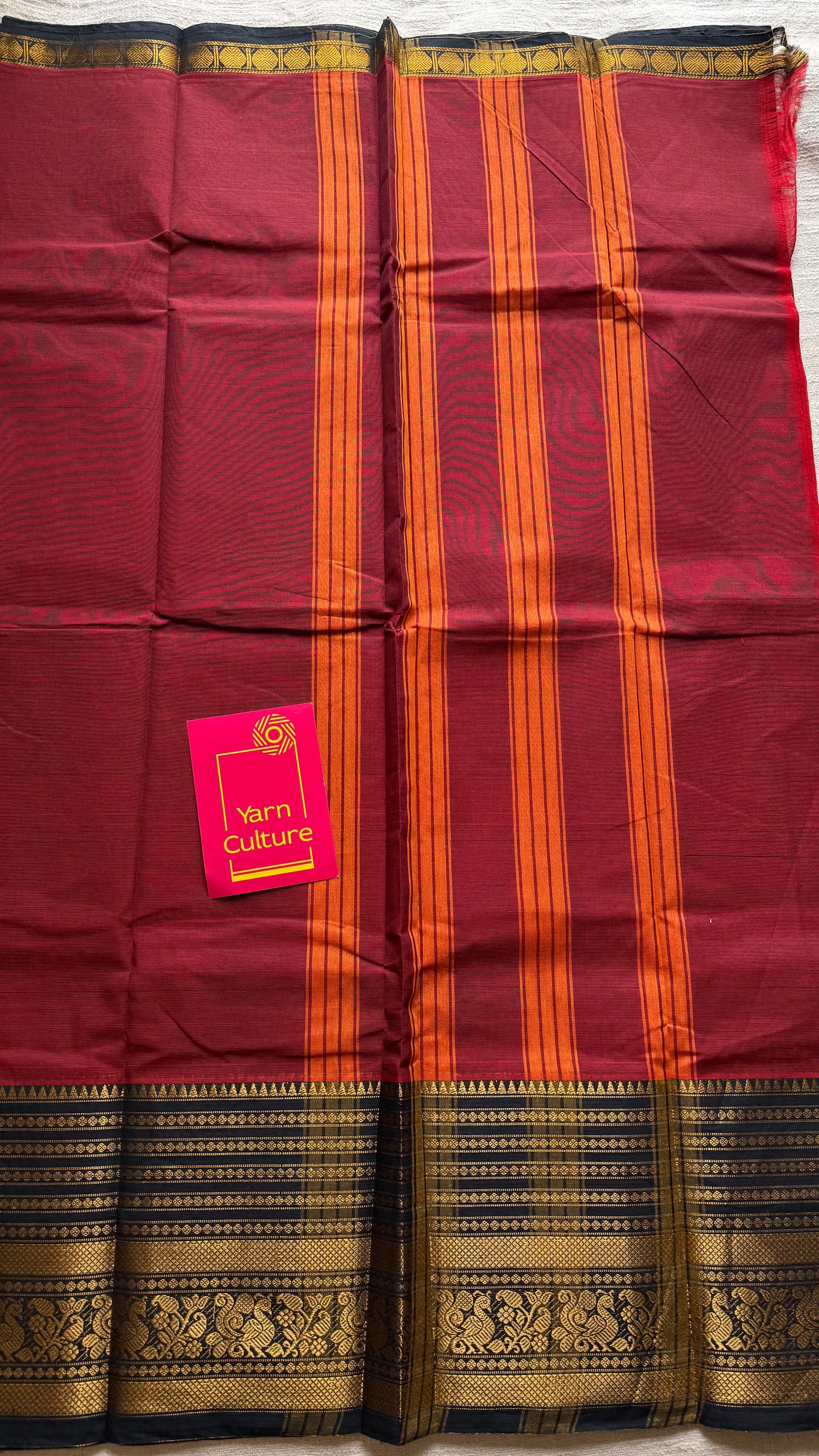Kanchi cotton saree, dark red with black wide zari border - YCCOTNAP91